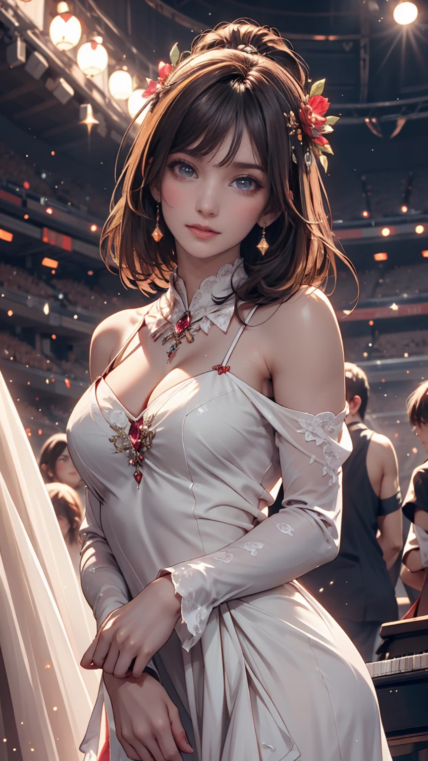 One person, alone, Highest quality, masterpiece , Ruby Hoshino, hair ornaments, Shining Eyes, Stars in my eyes, (Star in the right eye:1), (dress:1.4), (Concert 1), On Stage,