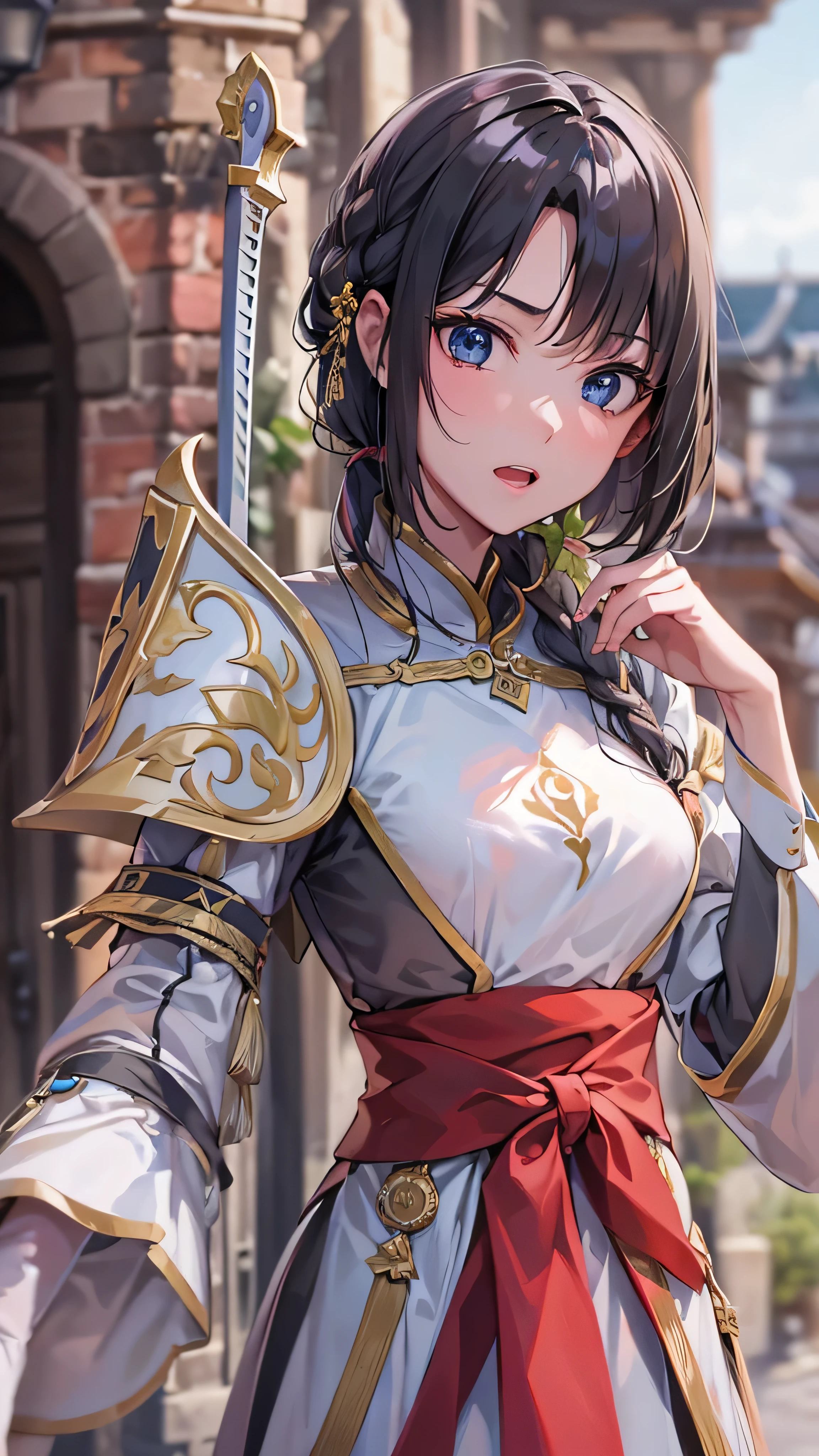 Anime girl with sword and armor in front of a building - SeaArt AI