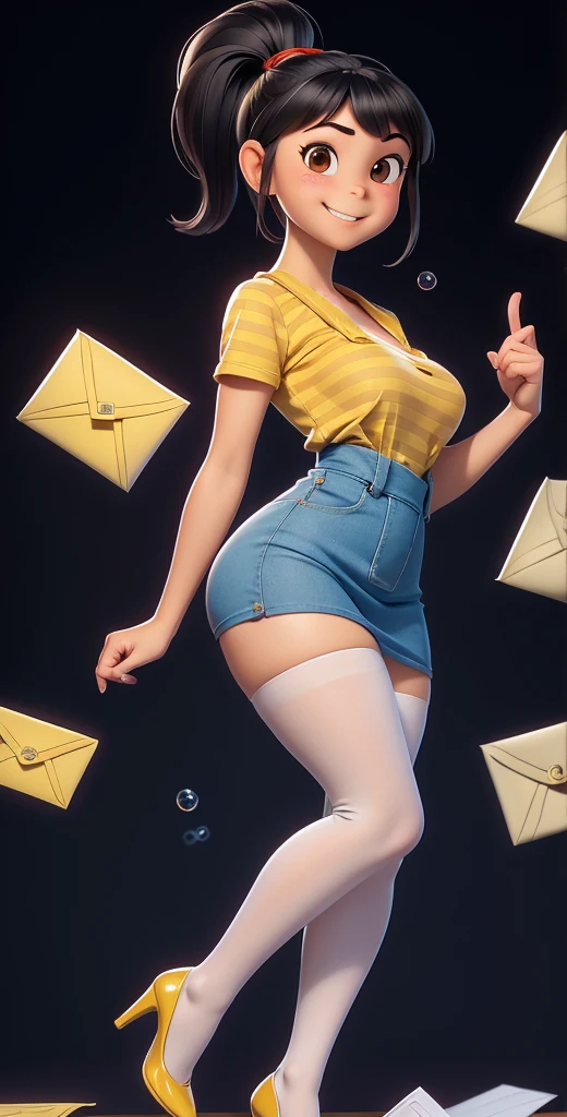 1girl, natural lighting, masterpiece, highly detailed, illustration, game CG, absurdres, high quality, aichan, large breasts, beautiful detailed eyes, short brown hair, side braid, from behind, picture in a frame, pleated miniskirt, cleavage, thigh highs, (glory wall pose)