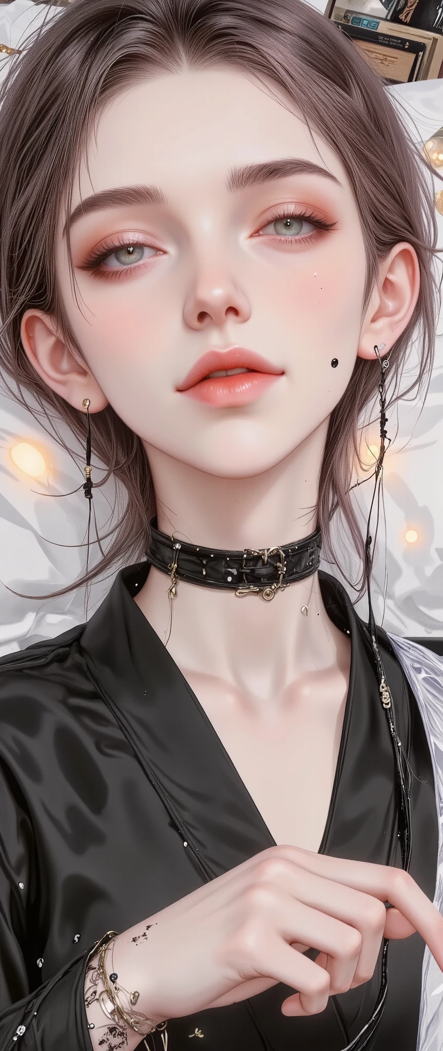 " flat large general full body , Anatomically correct :1.5, ((Low Fidelity Anime Digital Illustration Styles :1.5)), lying on her bed listening to music with headphones, books in bed , soft light garland , ambiente agradable y quiet, Soft and beautiful colors , magic, quiet, cozy, Chiaroscuro, cinematic lighting , Fujicolor, U high definition , Retina, masterpiece, Precise, Anatomically correct , make-up, super detail , High Details , high quality, awarded , envelopes , highres, 1080P, high definition , 16K . Toga Himiko