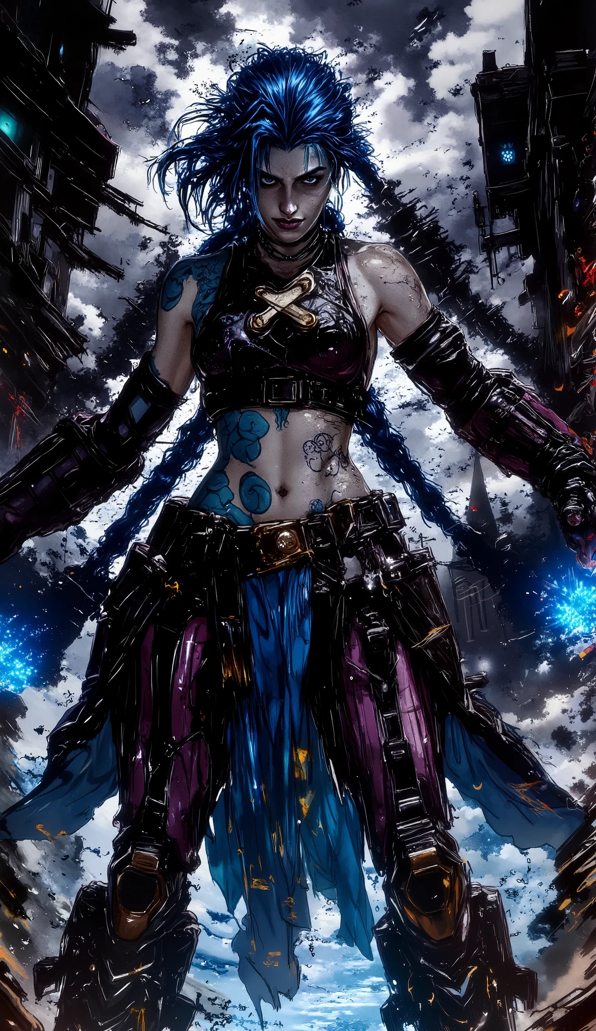 (best quality, 128k,highres,masterpiece:1.2),ultra-detailed,(realistic,photorealistic,photo-realistic:1.37), ((masterpiece)) ((photography)) ((Highest quality)) A dark, noir-style illustration of Jinx from League of Legends. She stands in a shadowy urban alley, illuminated by a single flickering streetlight. The image is in black and white, with heavy use of dramatic contrasts and shadows. Jinx’s wild, braided hair flows around her, and her manic grin is highlighted by the faint glint of light reflecting off her sharp features. She holds her iconic weapon in a casual yet menacing pose, with smoke curling from its barrel. The atmosphere is gritty and tense, with a subtle mist adding depth to the scene.