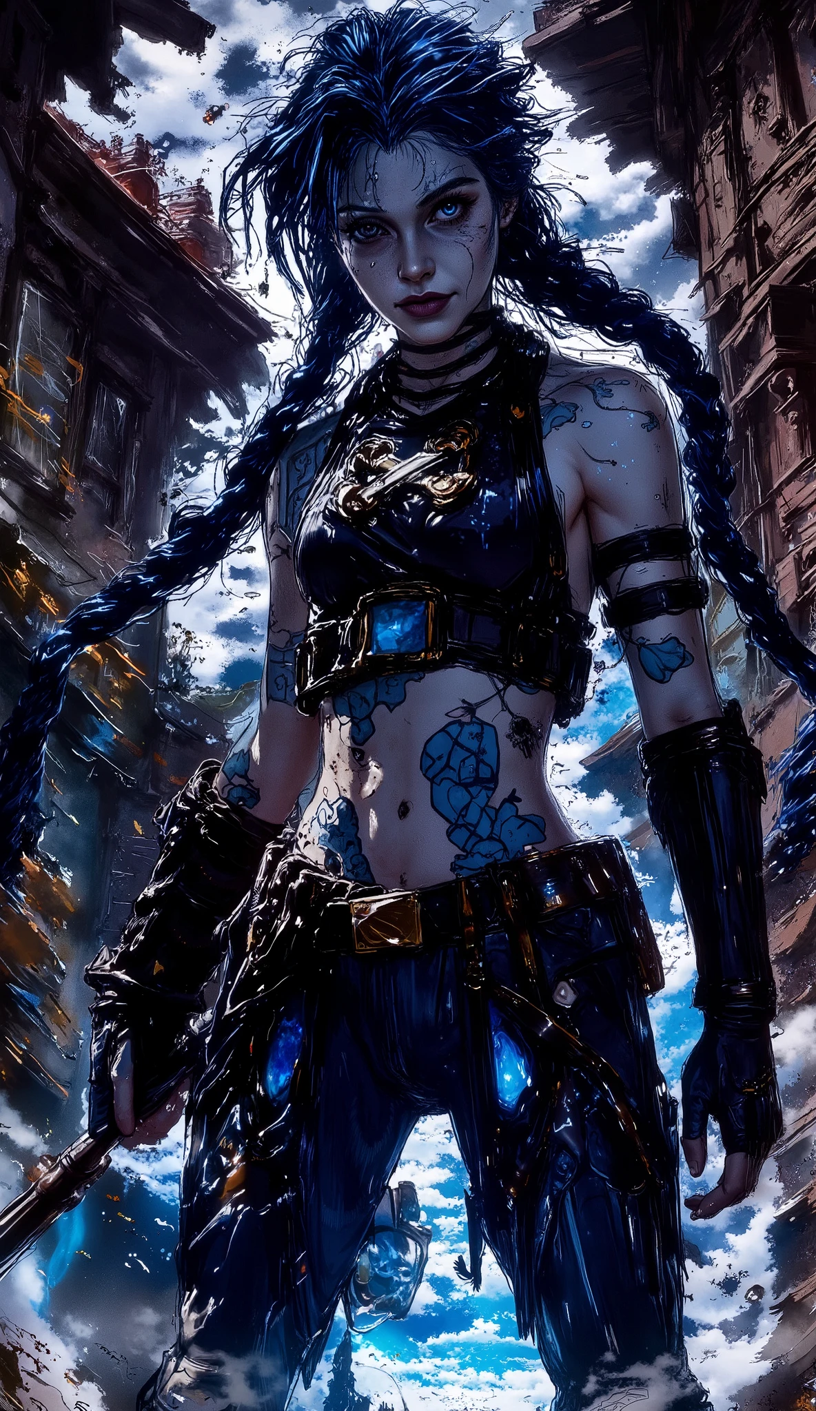 (best quality, 128k,highres,masterpiece:1.2),ultra-detailed,(realistic,photorealistic,photo-realistic:1.37), ((masterpiece)) ((photography)) ((Highest quality)) A dark, noir-style illustration of Jinx from League of Legends. She stands in a shadowy urban alley, illuminated by a single flickering streetlight. The image is in black and white, with heavy use of dramatic contrasts and shadows. Jinx’s wild, braided hair flows around her, and her manic grin is highlighted by the faint glint of light reflecting off her sharp features. She holds her iconic weapon in a casual yet menacing pose, with smoke curling from its barrel. The atmosphere is gritty and tense, with a subtle mist adding depth to the scene.