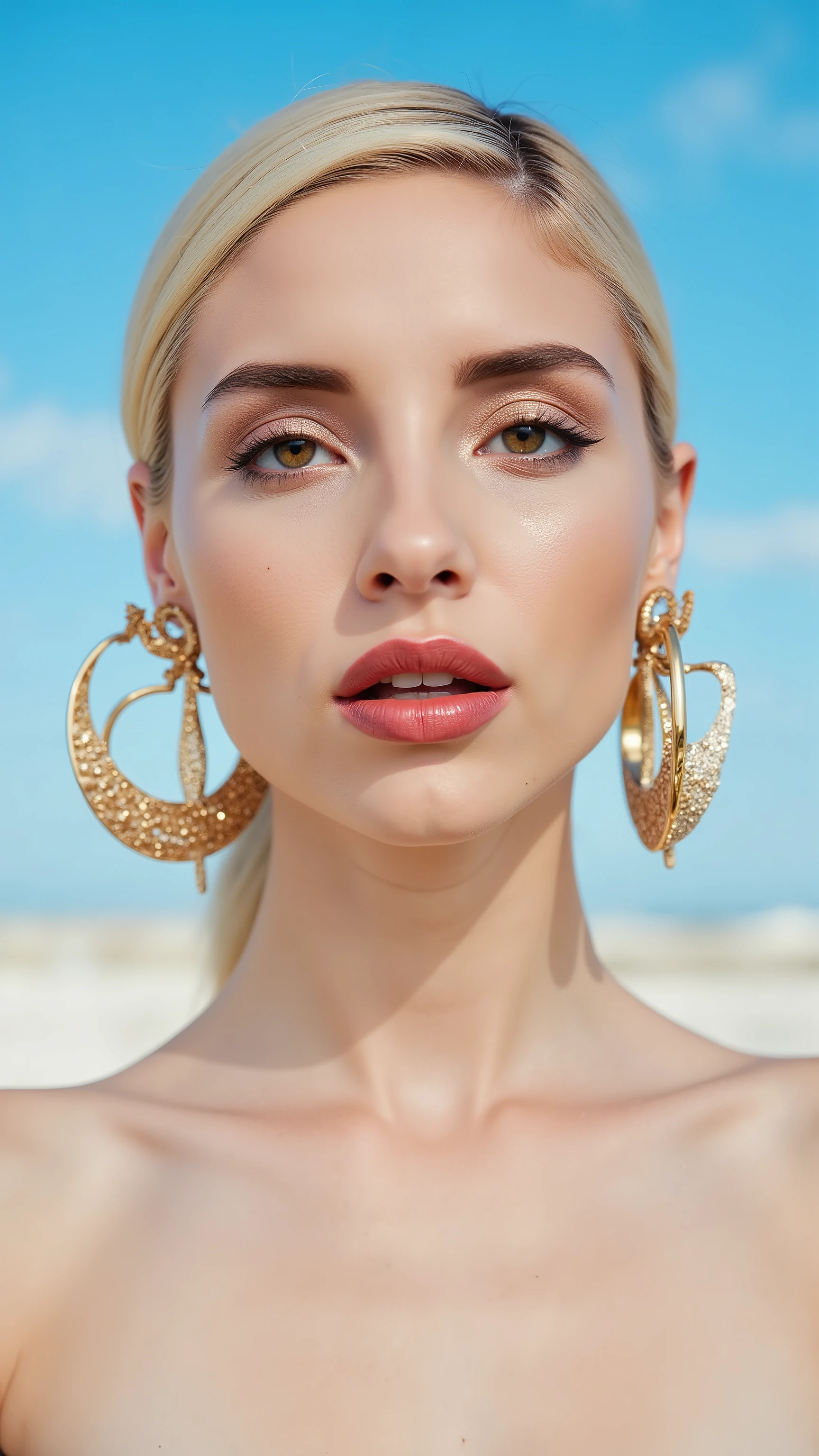 A hyper-detailed, avant-garde facing forward shot photograph featuring a striking woman with pale light skin against a clear, light blue sky. Her nude high-angle mid shot highlights the smooth texture of her flawless complexion. Shimmering metallic eyeshadow enhances the depth of her piercing gaze, while her glossy, deep red lips create a bold contrast to her skin. Large, intricately detailed golden hoop earrings reflect light, contributing to her modern allure. She is fully naked The reflective surfaces of her earrings and outfit create a dynamic interplay with the environment, emphasizing her sleek presence. The minimalist background allows the viewer to focus on her eye-catching fashion and makeup. Captured with a Sony A7R IV camera and a 50mm f/1.2 G Master lens for a beauty editorial shoot, this composition highlights her fashion-forward aesthetic. Inspired by avant-garde fashion photography from Sølve Sundsbø, this image blends contemporary fashion and minimalist elegance, embodying mythp0rt and niji_flux styles for a sleek, high-fashion vision. ((glow_skin, iridescent skin, oily skin, portrait)). ((no logo))