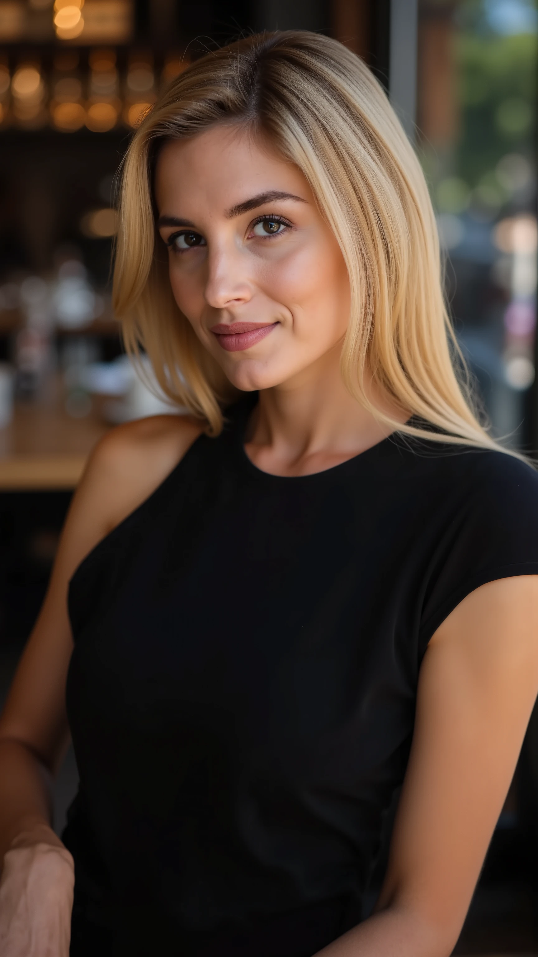 This is a beautiful  closeup photograph of a woman, she has long straight blonde hair swept to one side and dark blue eyes.  Wearing a form fitting  black dress,  Sitting in a cafe. Flirting at the viewer. Smile, Captured with a Sony A7R IV camera and a 50mm f/1.2 G Master lens for a beauty editorial shoot, this composition highlights her fashion-forward aesthetic. Inspired by avant-garde fashion photography from Sølve Sundsbø, this image blends contemporary fashion and minimalist elegance, embodying mythp0rt and niji_flux styles for a sleek, high-fashion vision. ((glow_skin, iridescent skin, oily skin, portrait)). ((no logo))