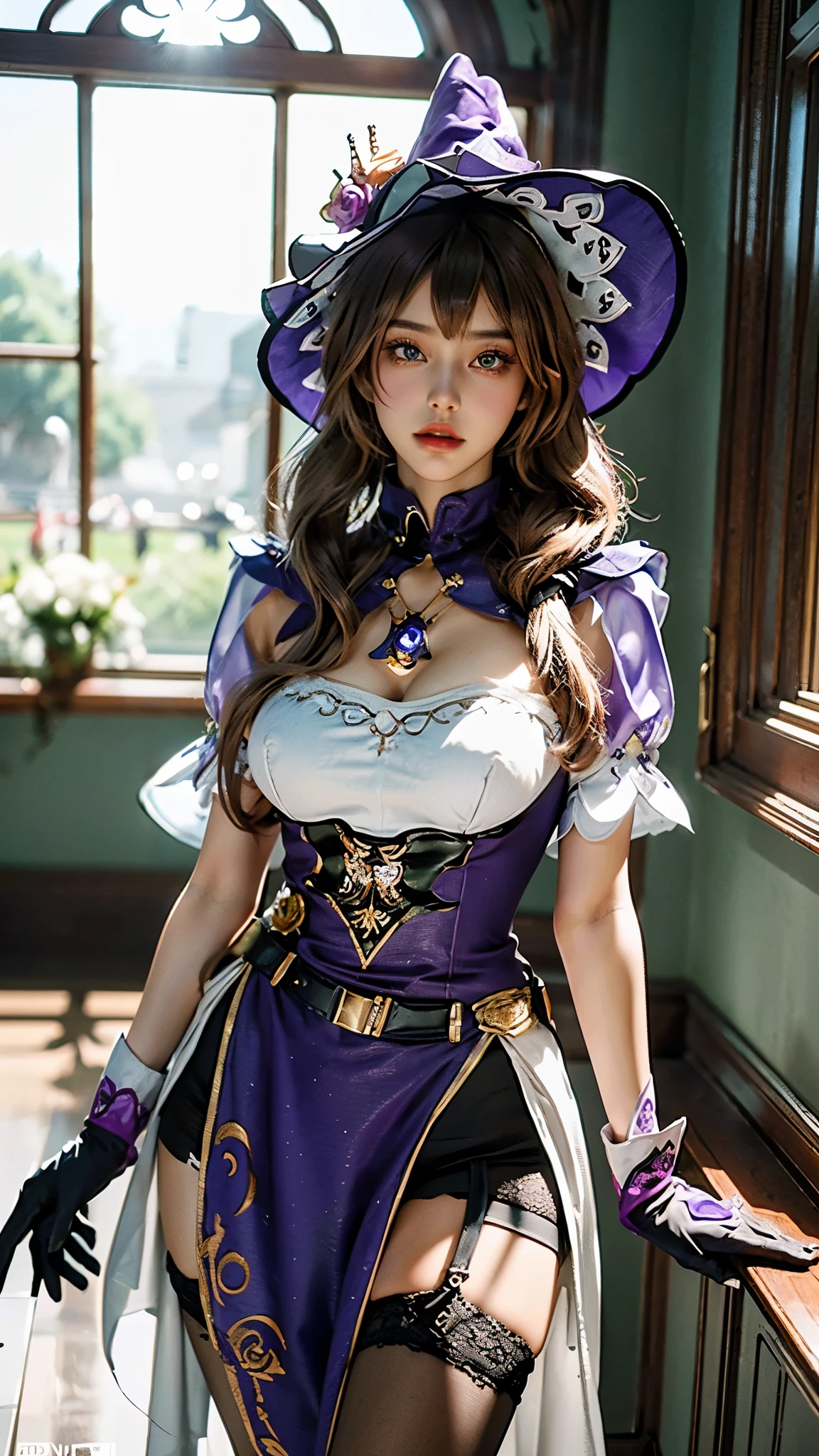 masterpiece, 32k uhd best quality, highly detailed, 1 girl, solo, giclorinde, purple eyes, big breasts, hair between eyes, long hair, dark blue hair, earrings, black skirt, miniskirt, pantyhose, purple ascot, purple capelet, black corset , black pantyhose, black skirt, white gloves, hat, tricorn hat, in fontaine.