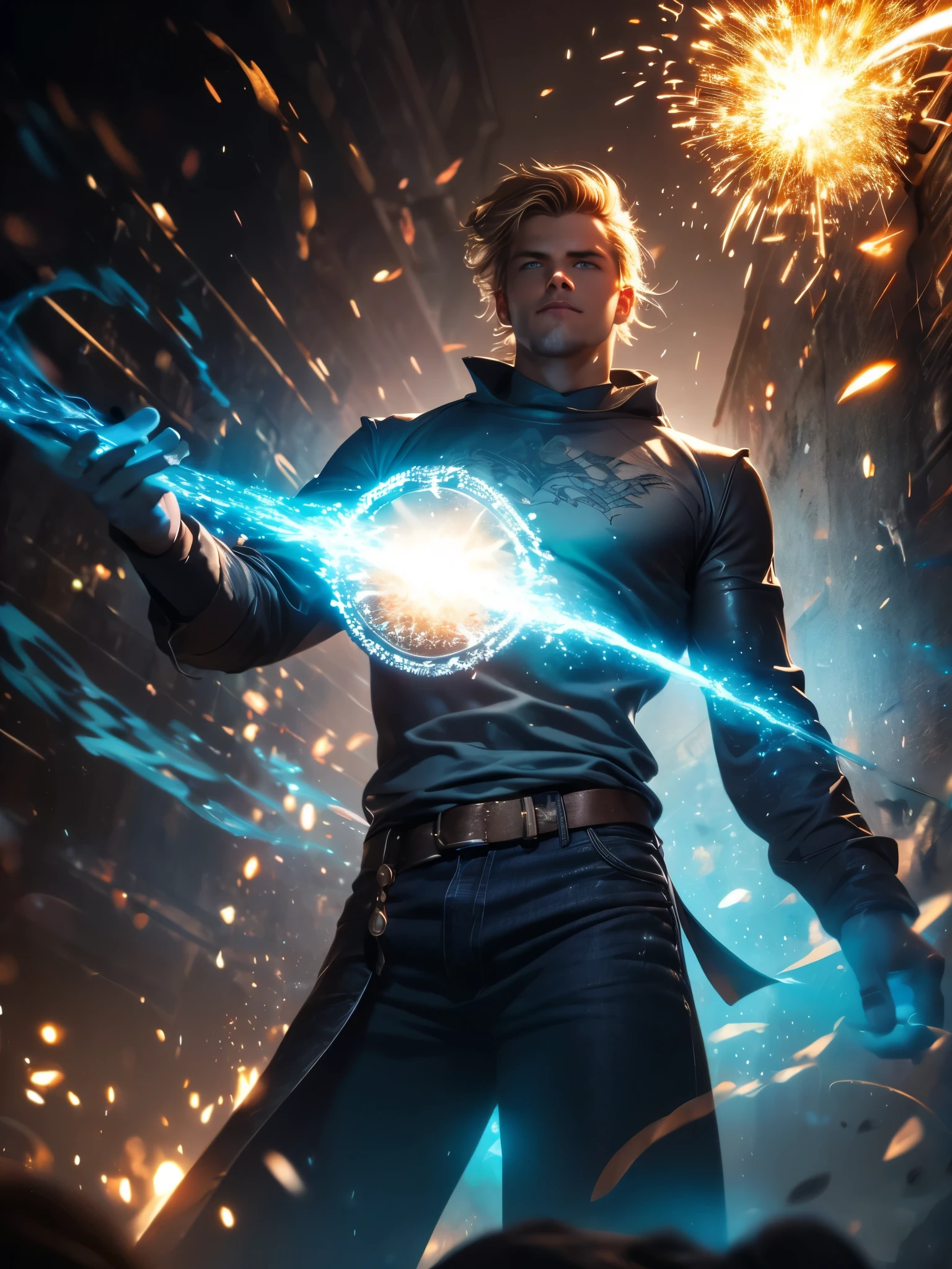 A man, wearing blue jeans, wearing shirtless, wearing silver jewelry, blond hair, blue eyes, holding a staff, in dark alley, nighttime, dim light, battle stance, hyper detailed, digital art, studio quality,  particle effects, (glow around body), (floating ash and sparks), (glowing blue tattoos), (energy swirling around him), (sparkling blue fog), bokeh, raytracing, magic circle