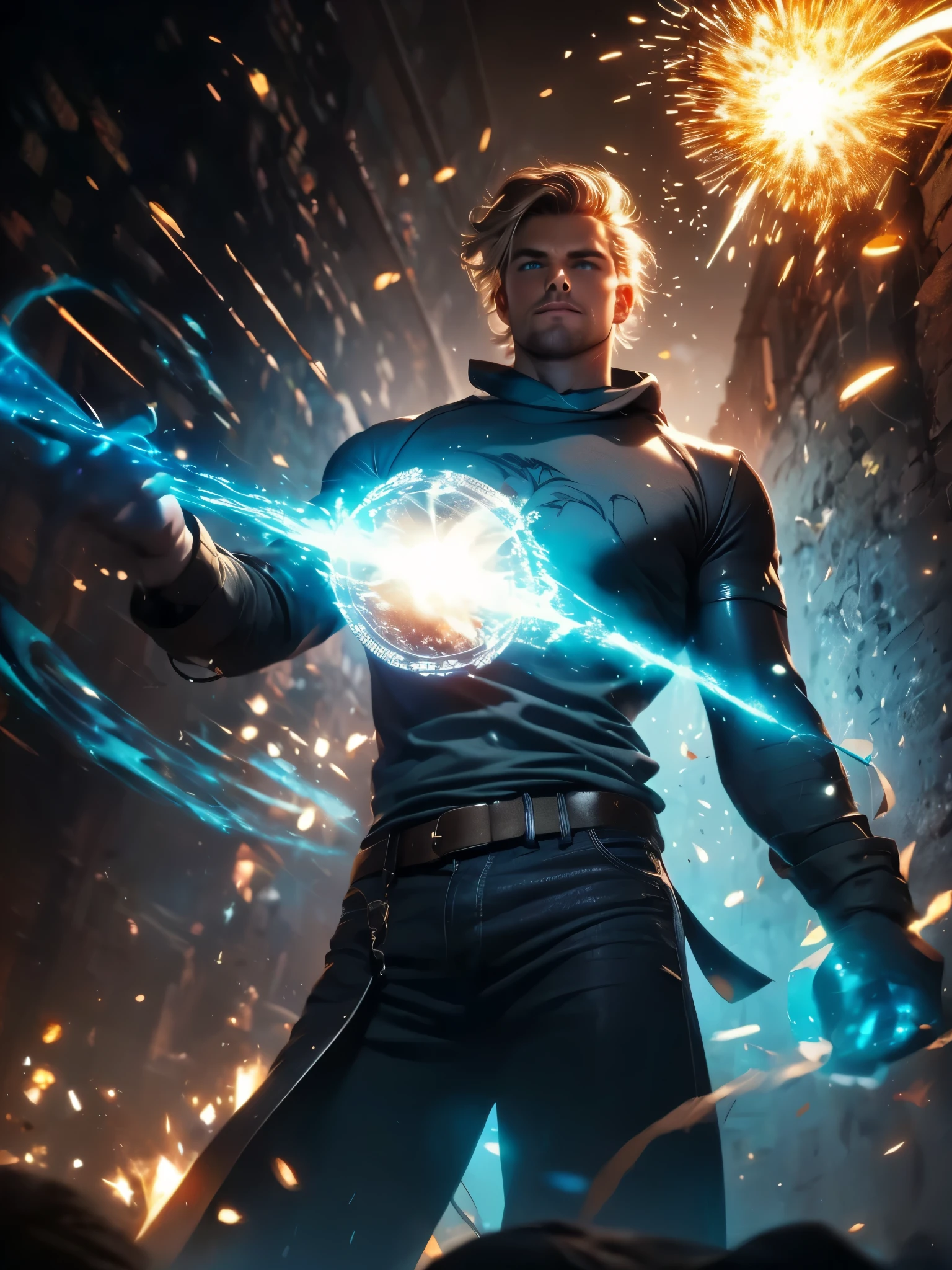 A man, wearing blue jeans, wearing shirtless, wearing silver jewelry, blond hair, blue eyes, holding a staff, in dark alley, nighttime, dim light, battle stance, hyper detailed, digital art, studio quality,  particle effects, (glow around body), (floating ash and sparks), (glowing blue tattoos), (energy swirling around him), (sparkling blue fog), bokeh, raytracing, magic circle