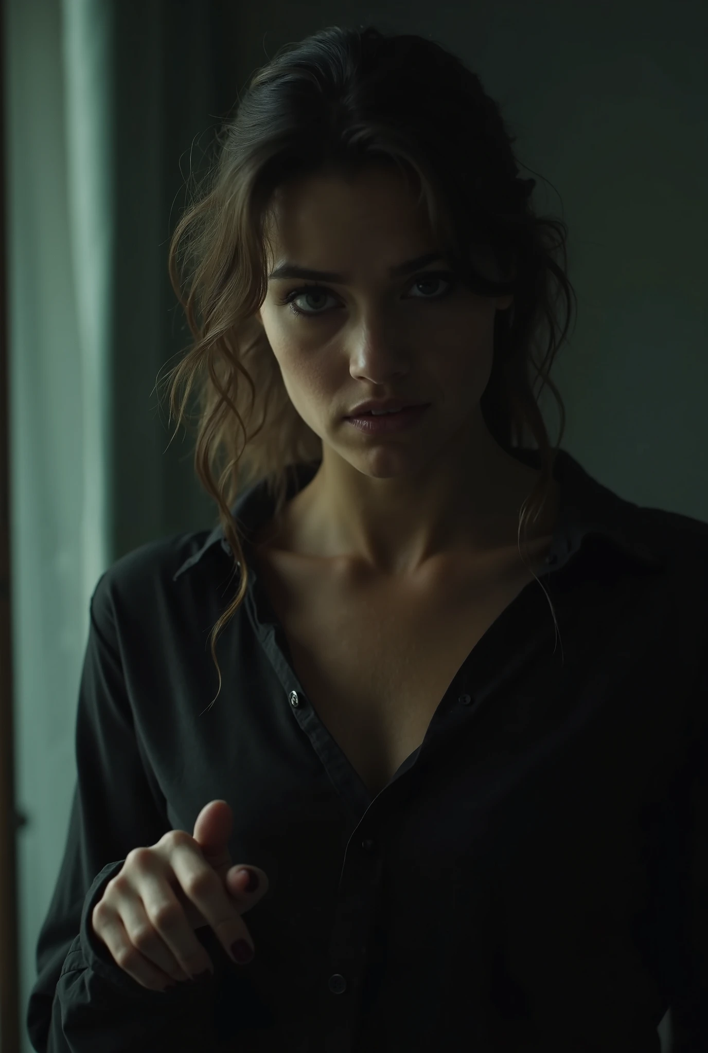 1woman in, age 59, Solo, Long hair, Colossal eyes, Looking at Viewer, blondehair, Bare shoulders, Brown eyes, jewely, Full body, a necklace, off shoulders, Sweaters, Realistic, A sexy earrings, piercing, high details, foggy morning, cinematic movie still frame, blade runner 2049, punk hair style, altered carbon, (analog style:1.3), (film grain:1.3)], 4k, high-res, masterpiece, best quality, head:1.3,((Hasselblad photography)), finely detailed skin, sharp focus, (cinematic lighting), soft lighting, dynamic angle, [(detailed figures:1.2):0.2], outside, masterpiece, octane render, photorealistic, uhd, hdr, 8k, dslr, 30mm, Fujifilm XT3, film grain, (lensflare), (RAW digital photo of fear), ultra detailed, sharp focus, hard shadows, darkest bloom, volumetric lighting, trending on artstation, (YES SFW)