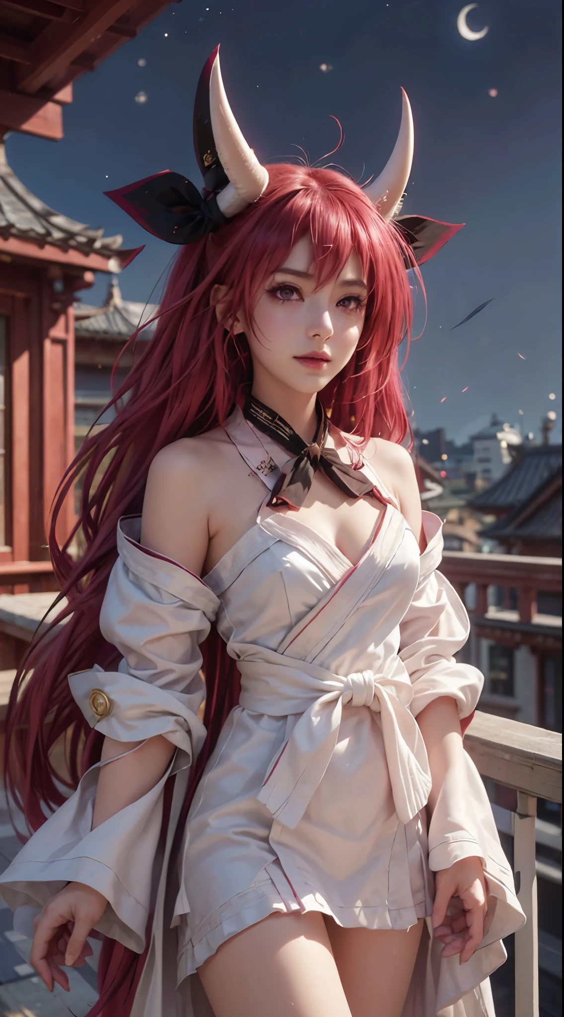 Landscape of a very beautiful 1girl, (((face exposed)))!!!, (cowboy shot), (((front focus))), (((background Blurry))), Bokeh, lens flare, photography with Fujifilm XT3, depth of field, film grain, female focus, BREAK, Kotori_spirit astral vers/(Date A Live/), anime style, (((standing at mansion balcony)))!!!, (((((night sky_starry night_moon)))))!!!!!, ((steel fence at back))!!, (looks at the audience with beautiful red iris like ruby)!, Ultra detailed eyes, (Beautiful light red pupil's eye's like ruby :1.40)!, Stars in her fixed eyes, (homochromatic eyes)!!!, grin smile, long sleevemouth, (thin fresh peach lips)!, (Blush)!, Perfect nose, Cute little nose, beatiful face, Face Clean, realistic Skin, hyper realistic, Perfect eyebrow appear through red hair, red hair bangs, (ultra shine red hair)!!, (((long straight red hair)))!!!, (((symmetrical twice horn with black bowtie ornament over head)))!!!, Earrings, (chocker_black neckerchief)! , ((dynamic composition)), BREAK, detached sleeves, bare shoulders, /(((wear original costume of kotori astral vers DAL)))!!!, (((white kimono dress_red frills layered kimono_ black obi with bowtie)))!!!, (((red frills layered kimono)))!!!, (((wide white elbow bell sleeves)))!!!, medium breasts, (((medium breast cleavage))!!, (((open kimono's slit)))!!!, slim legs, open smooth thigh, ((geta slippers_white ultrathin silk ornament)), vivid color clothes, detailed realistic clothes, BREAK, Best Quality, Masterpiece, Ultra-detailed, Beautiful, hight resolution, Original, CG 8K, perfect photo, dramatic lighting, Beautiful lighting, (((Realistic fantasy art)))!!!, Realistic, Full HD, Best Quality, award winning, (8k wallpaper of extremely detailed CG unit), High Details, sharp-focus, The art of dramatic and photorealistic painting, ((at mansion balcony_steel fence)), dynamic composition, breathtaking rendering, strong color, deep shadow