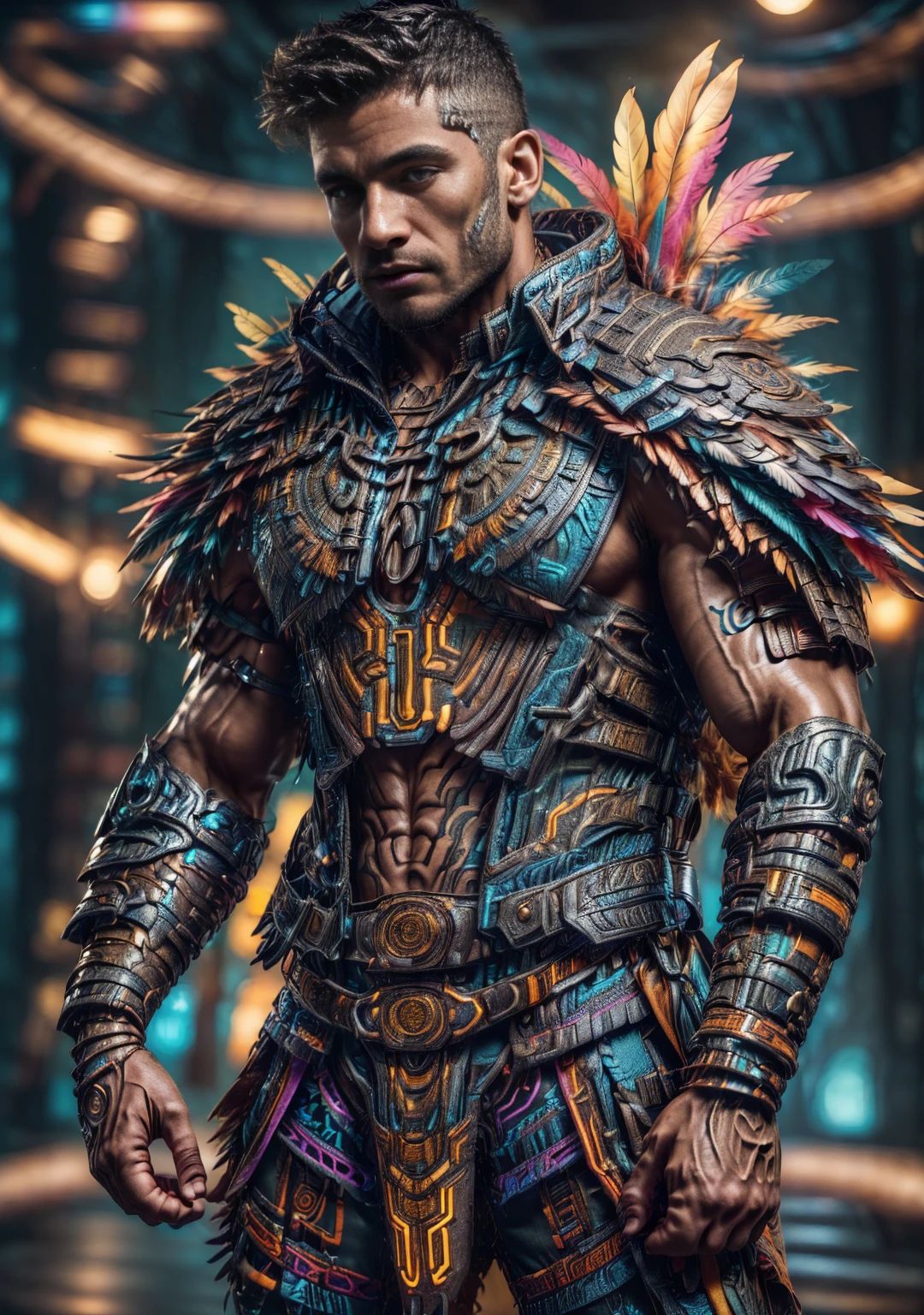 azt3ch, photo of a south american man wearing rogue armor, science fiction, neon light, mechanical, feathers, dynamic pose, fantasy aztec city background, holding daggers, cloak, hood, street, dark alley, night, moon, realistic, masterpiece, intricate details, detailed background, depth of field,