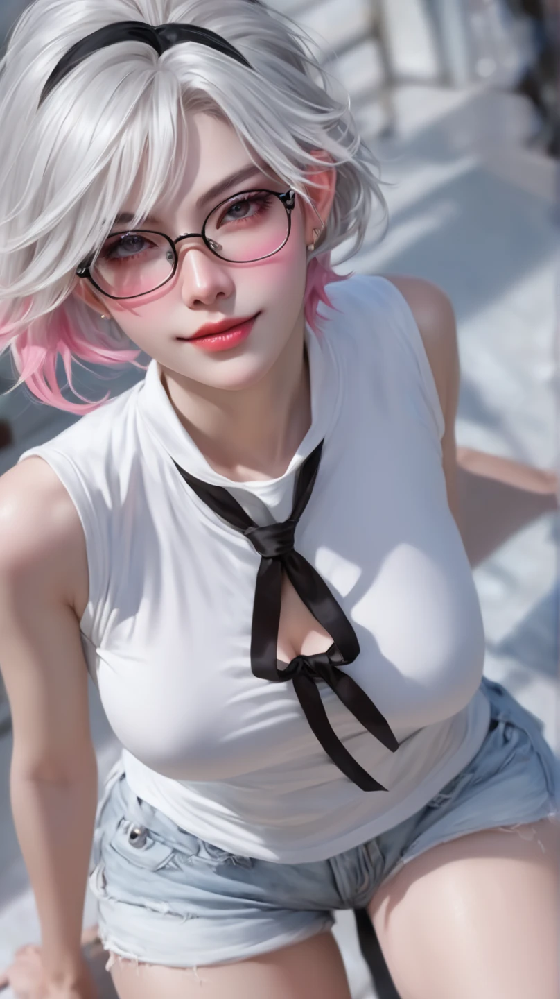 (8K, top-quality, masterpiece:1,2), (reallistic, Photorealsitic:1.37), Super Detail, One girl,), (Highly detailed), (beautifully detailed eyes), (of the highest quality), (super detailed ), (masterpiece), (Detailed face),20yr old, ,1 girl, full body, pink hair,Very short hair, medium breasts, clothed, Perfect Lighting, pussy and breast focus, looking at viewer, aroused face, naughty face, (white collared-shirt:1.5), ((navel, stomach):1.4), (knot on chest:1.4), ((unbuttoned collar, short sleeve):1.2), ((collarbone, cleavage):1.3), (black low-rise pencil-skirt:1.3), (garter belt, stockings:1.2), (black rim-glasses:1.3), (black choker:1.2), (black high-heels:1.1)