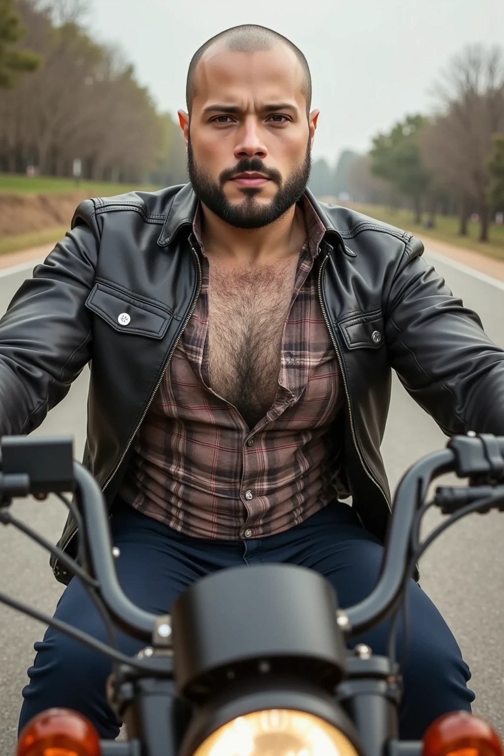 Foto de realista de um homem barbudo e muito peludo, He's shirtless wearing only black leather pants sitting on a retro motorcycle