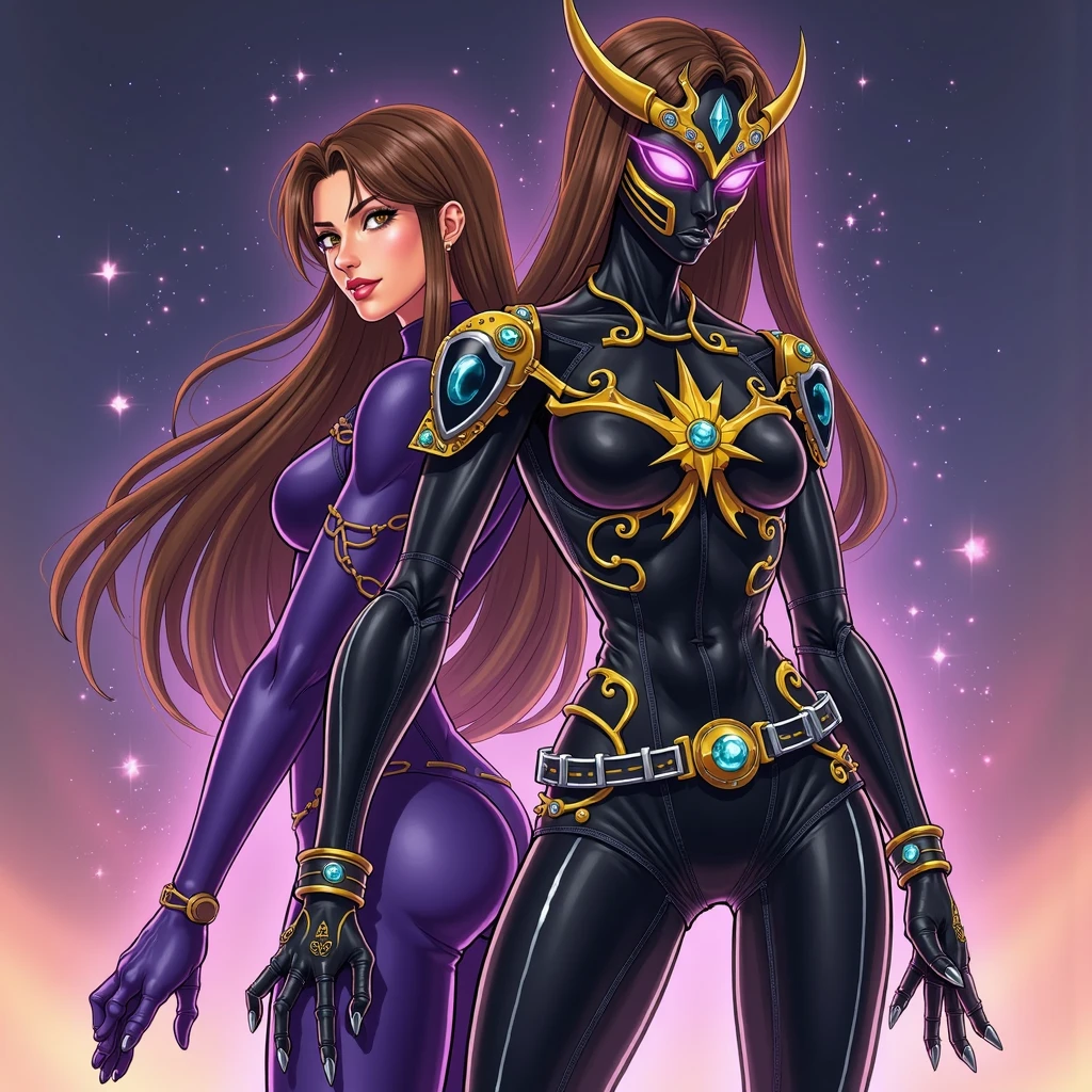 Cartoon photo of a woman in a green and purple costume, hot insect humanoid woman, Guyver style, NSFW version, red eye, scarab reploid, tentacles imitating a snake's tail, cel shade adult animation, alien queen, serpentine pose,