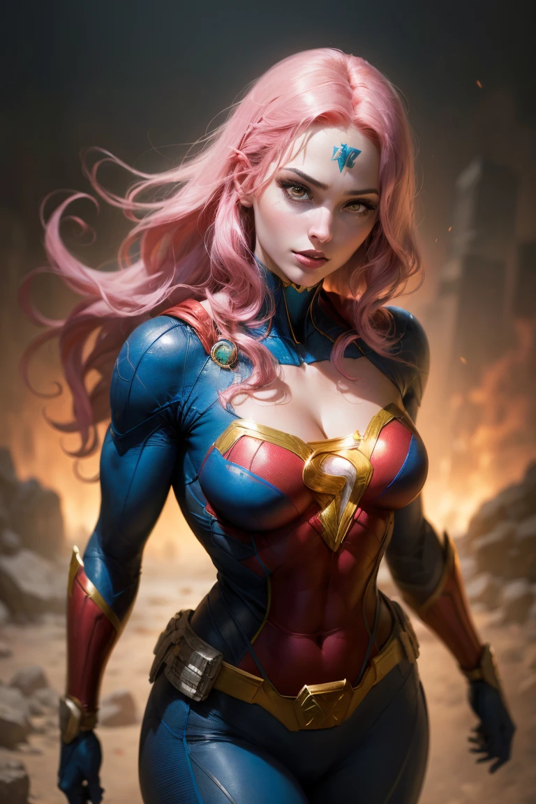 Beautiful woman short hair defined body big breasts, wearing Supergirl cosplay