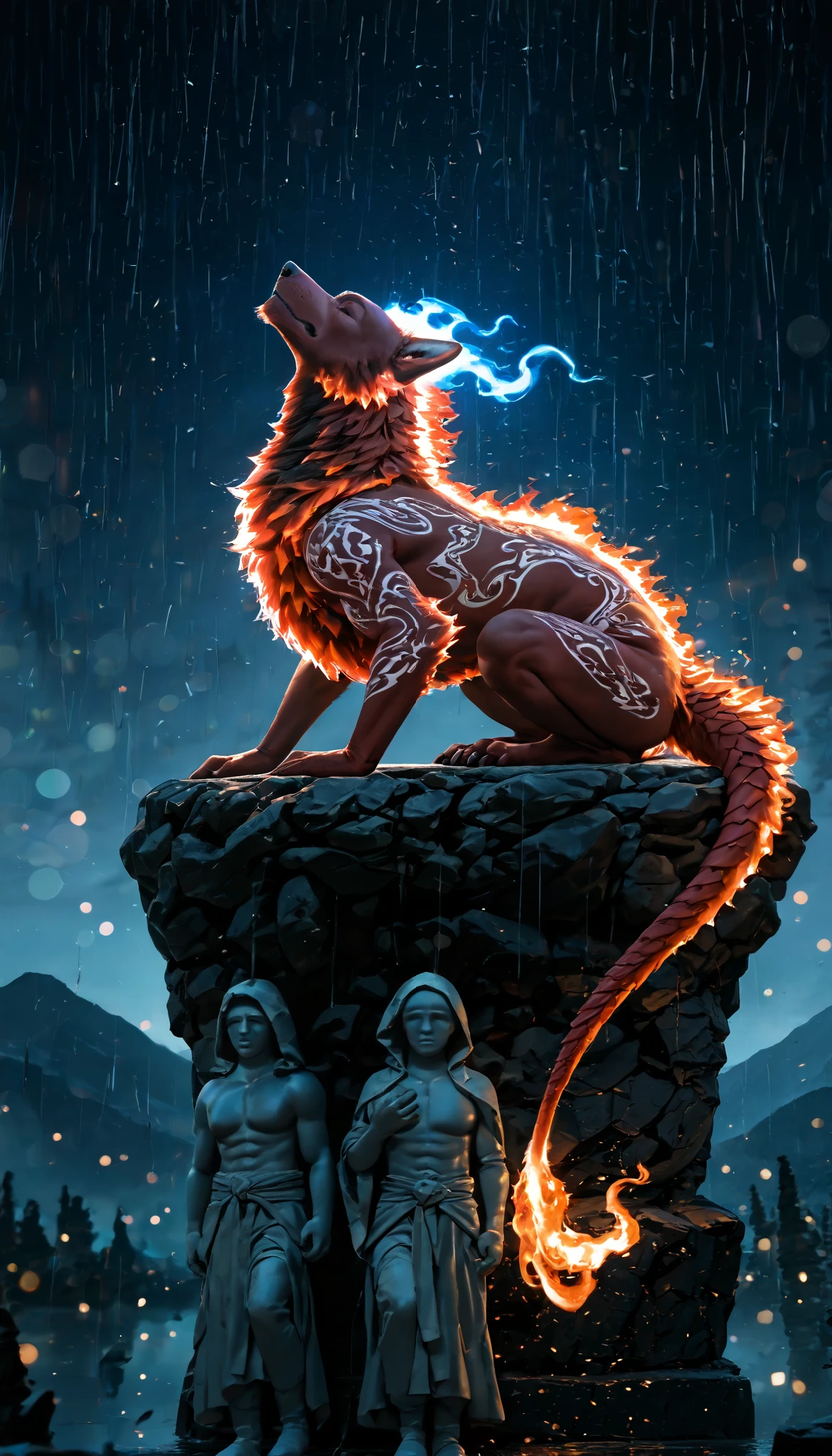   The man is sad in the rain  ,Top of a mountain,husky, shirtless ,meditating,  tattoo of a red dragon on his back ,like a statue ,   around him is rain and stars ,lights and shadows, ( high quality, 4k,  ultra detailed , realistic,  bright colors  , bokeh), (monstrous creature:1.1, dark atmosphere), good heavens, be abominable,  deep darkness ,  highly detailed , juego de lights and shadows,  Particles ,fiery mane,hiper realistic,