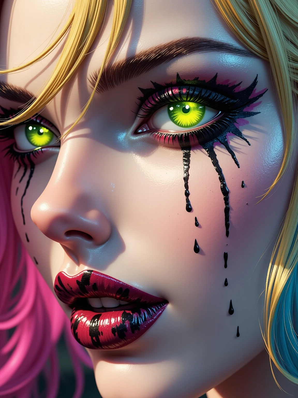 ((a photorealistic portrait of an exquisite, glamour female vampire: 1.5)) , pale face, blond hair, long vibrant shiny hair, glamorous hair, emerald green eyes, deep penetrating eyes, red lips, lustful lips, ((two vampiric fangs: 1.5), drops of blood dripping from the mouth, ((1920's style: 1.5)), (highest quality:1.2, Very detailed, up to date, Vibrant, Ultra-high resolution, High Contrast, masterpiece:1.2, highest quality, Best aesthetics), best details, best quality, highres, ultra wide angle, 16k, [ultra detailed], masterpiece, best quality, (extremely detailed), Genetically modified..., Cinematic Hollywood Film, traditional watercolor painting