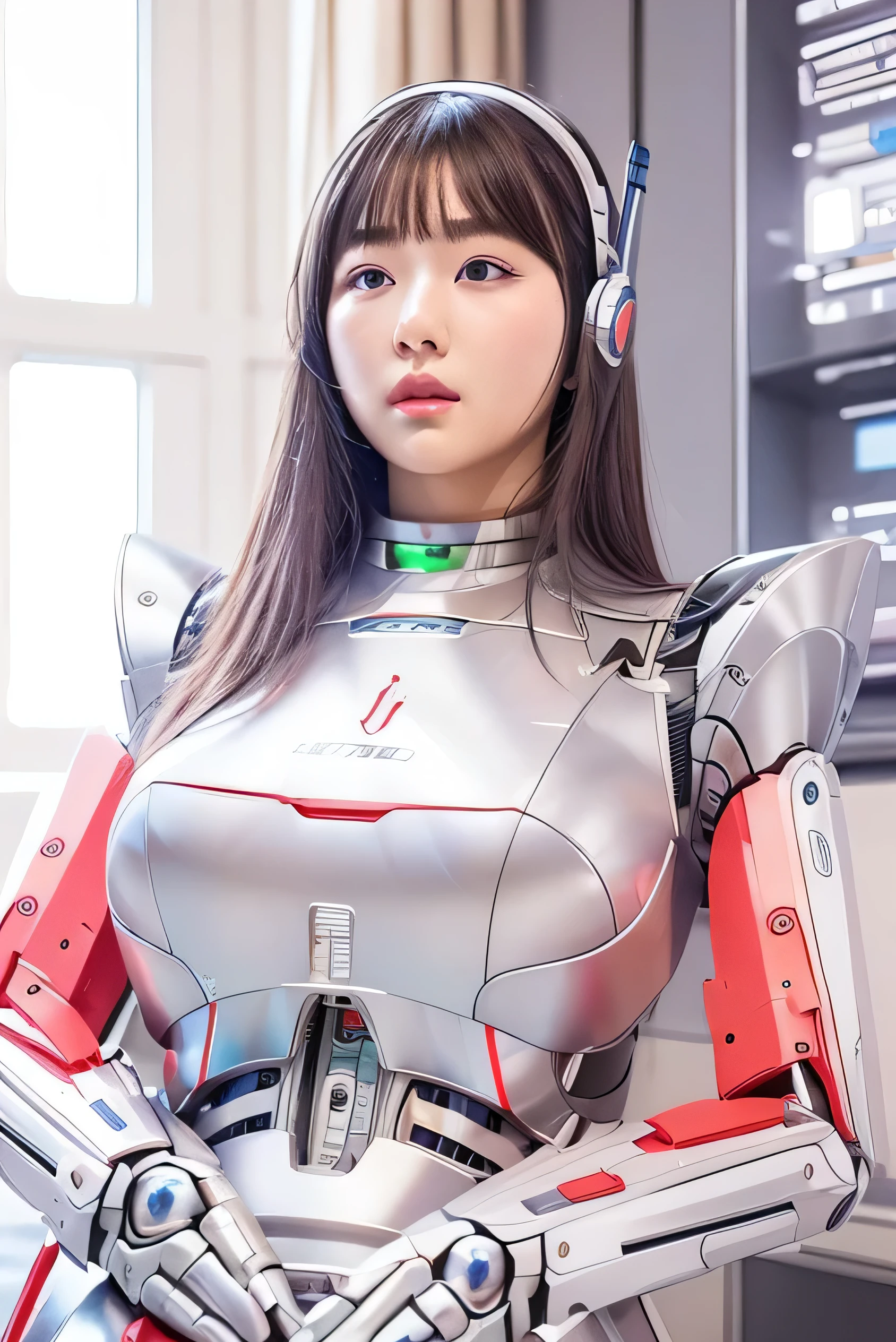masterpiece, best quality, extremely detailed,portrait,upper body,front view,Japaese android girl,Plump, control panels,android,Droid,Mechanical Hand, Robot arms and legs,long hair,long tube,thick cable connected her neck,