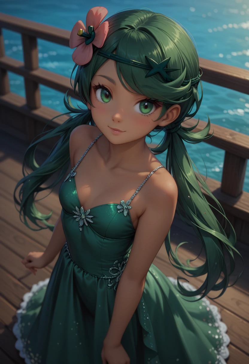 1girl, solo, hair ornament, green hair, twintails, long hair, dress, water