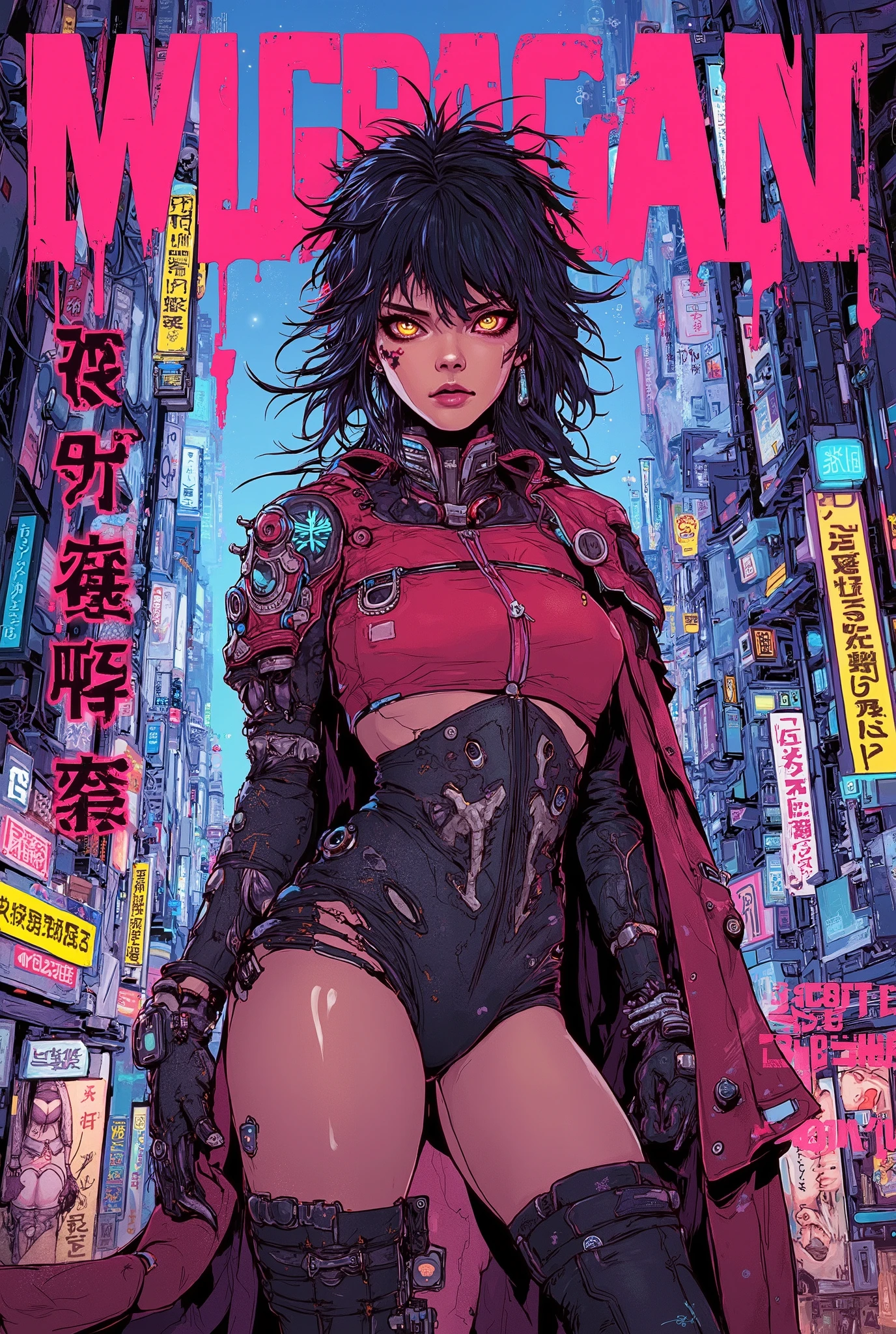 ((manga magazine cover shot) of (perfect Asian cyberpunk girl) in cyberpunk city))), ((graphic design ((Japanese text banner headline)))), (((dynamic pose))), ((LED lights)), (((extremely weird punk hairstyle))), ((manga drawing)), warm colours, ((cinematic lighting)), barcode, NSFW