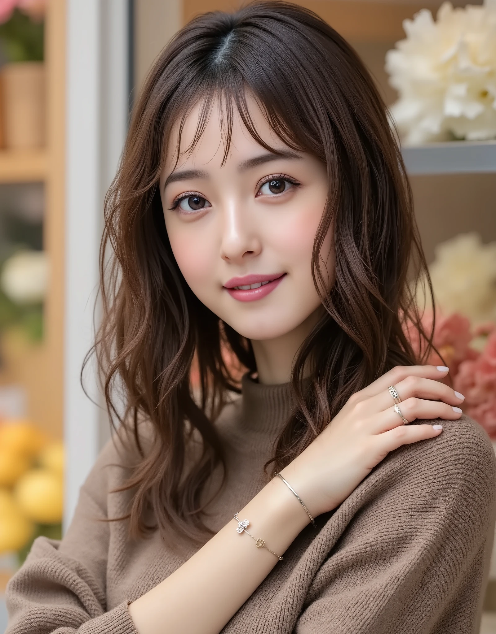 Araffe woman with long brown hair and a bracelet - SeaArt AI