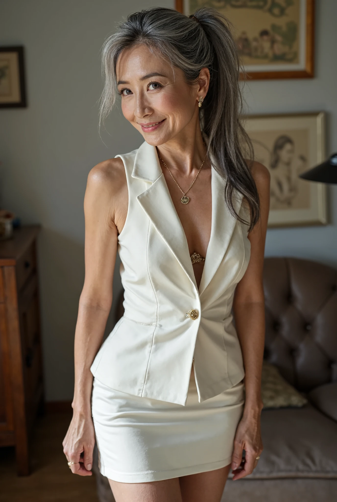photorealistic、 full body image 、60 year old woman、Group photo of 5 beautiful 60-year-old charismatic old Japanese prostitutes who are good friends 、 with a thin and poor body、Damaged gray ponytail with flashy hairstyle 、 small wrinkles and freckles and moles on the skin 、Wedding Rings、Happy smile、I'm wearing an off-white enamel super mini skirt sleeveless suit with a nasty design、Stiletto heels、夜中の高級老婆専門売春宿60 year old womanたちが仲良く記念撮影しています、 looking at the camera