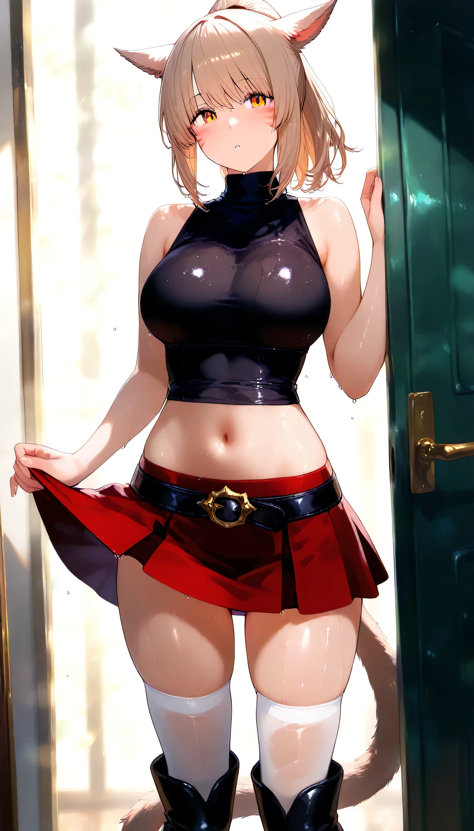 ((masterpiece, best_quality)), (photorealistic:1.4), solo, 1 girl, white_background, black_hair, short_hair, zettai_ryouiki, lingeries, outline nipple can be seen through the clothes, areola bulge, Chuck Taylor, belly, crotch gap, cameltoe ,shiny skin, sweaty skin, nose blush, bdsm outfit, underboobs