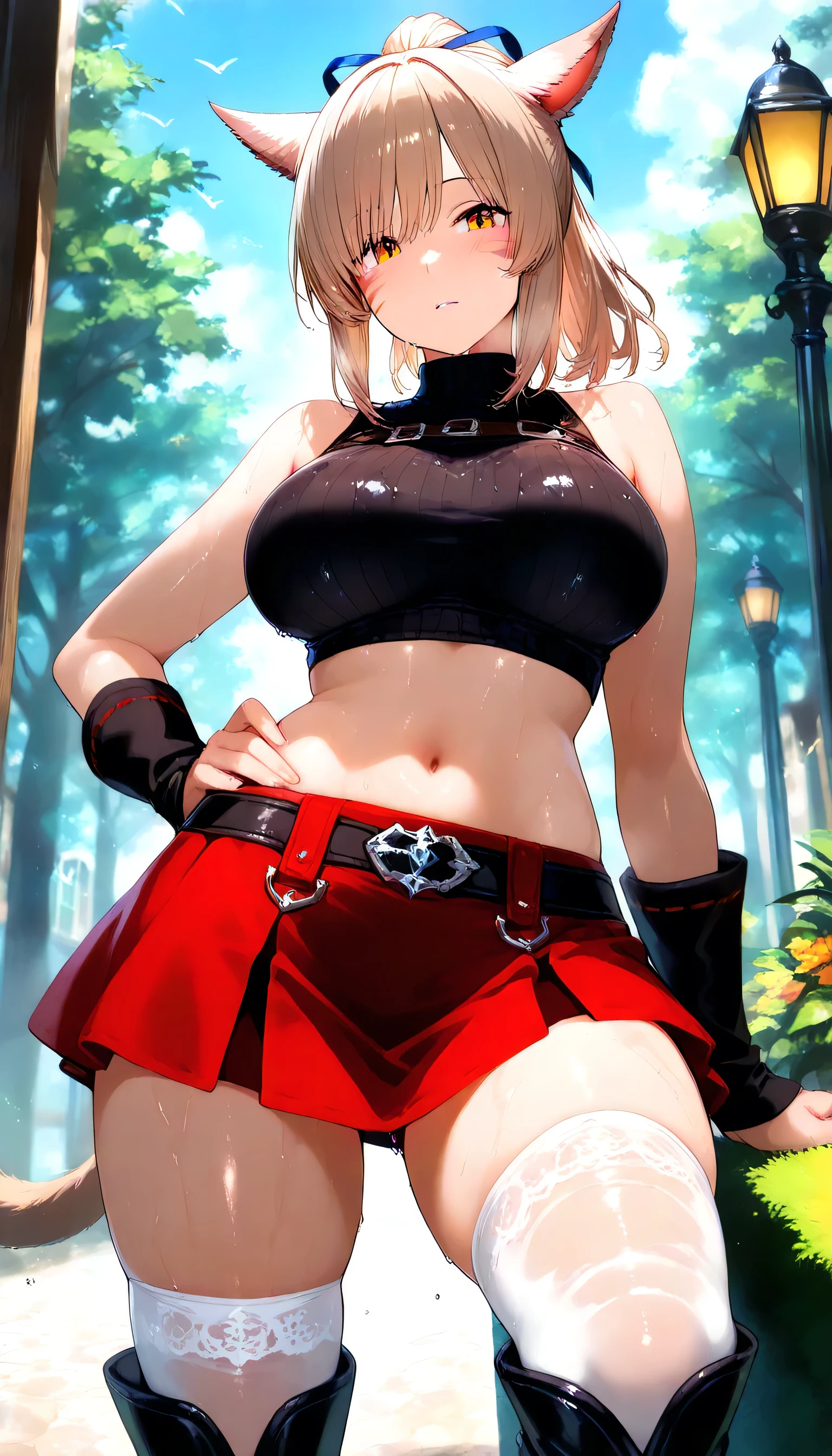 ubel,dark green hair,long hair,side ponytail,hair between eyes,bangs, BREAK (beret, black jacket, open clothes, cleavage, midriff, black shorts, black thighhighs, thigh strap, fingerless gloves, single glove:1.2), Photo,sharpness, F1.6 lens,hyper-realistic textures,spectacular light textures, Cinestil 800 Fashion Mechanics,(((Beautiful woman with left leg restrained and hung by chains))),Appearance,Beautiful girl with accentuated slender abs: 1.1,six-pack abs: 1.1, Bust Botox,Standing on tiptoe, long legs,Long brown hair fluttering in the wind,Brown hair, Long hair, Female Warrior Costume,(No panties,No bra),(tacticul battle fashion,elbow and knee tacticul battle fashion, battle glove: 1.1),((cute batre costume)),The belly comes out and the navel is visible,Thin sheer costume, combat gloves,shredded costumes,cyber long combat boots with golden knee pads,Anatomical,(futuristic sci-fi battle fashion, new elbow and knee cyberpads, new cyberlong boots, new cybergloves: 1.1),(tied perfectly by iron chain), Restraint, Slave, collars, contempt, (Chained), 4 chains hung from heaven, Metallic shackles and fetters, wet crotch clearly visible,((Hands are restrained above the head)), the neck is chained,Chain from left knee to heaven,Chained by rusty iron chains,((the tip is protruding, areolas protruding,The shape of the pubic area is clearly visible:1.2)),Sweating,Wet,Wet crotch,Wet thighs,Junkyard, Realistic, (cute, perfect clothes, skimpy clothes, cute: 1.3) ,Vast miritary base in us,((wide mirtary hospital with summer sunlight)), peeling ceilings, Rebar between, Realistic material details, Extreme details, Ultra-realistic materials,narrow waist,(with sparkling eyes and a contagious smile:0.9),looking at viewer,
