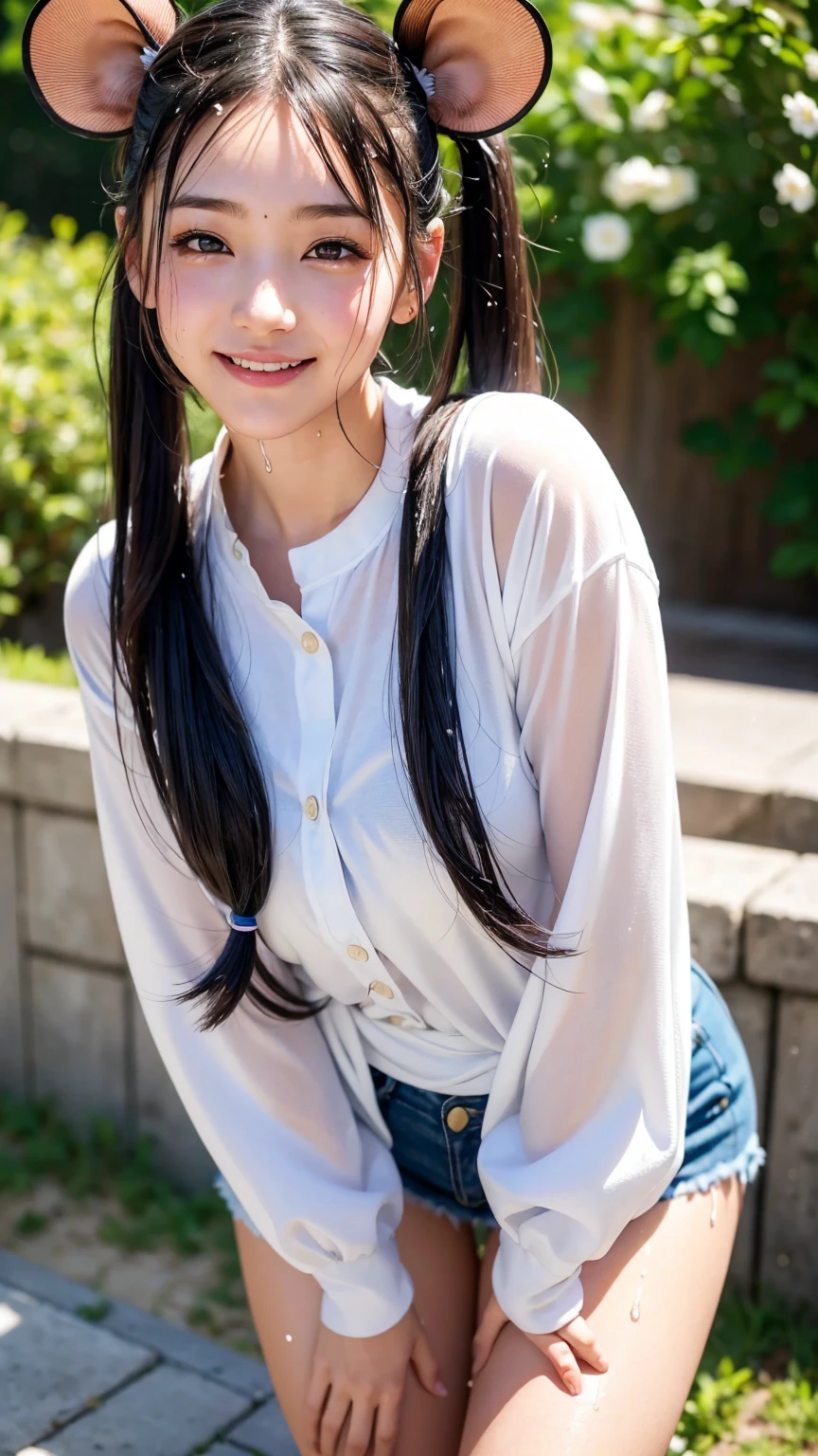 (masterpiece, best quality:1.2), cowboy shot, Japanese high-school student, big smile, looking at viewer, Show the armpits, (denim shorts:1.2), wet muddy field, dripping with mud, muddy arms, muddy hair, covered all over, muddy face, muddy hair, wet clothes, soaked, dripping wet, wet hair, wet skin, translucent, glistening with oil, fully clothed, (from bellow:1.3), (looking down, watching at Viewer),