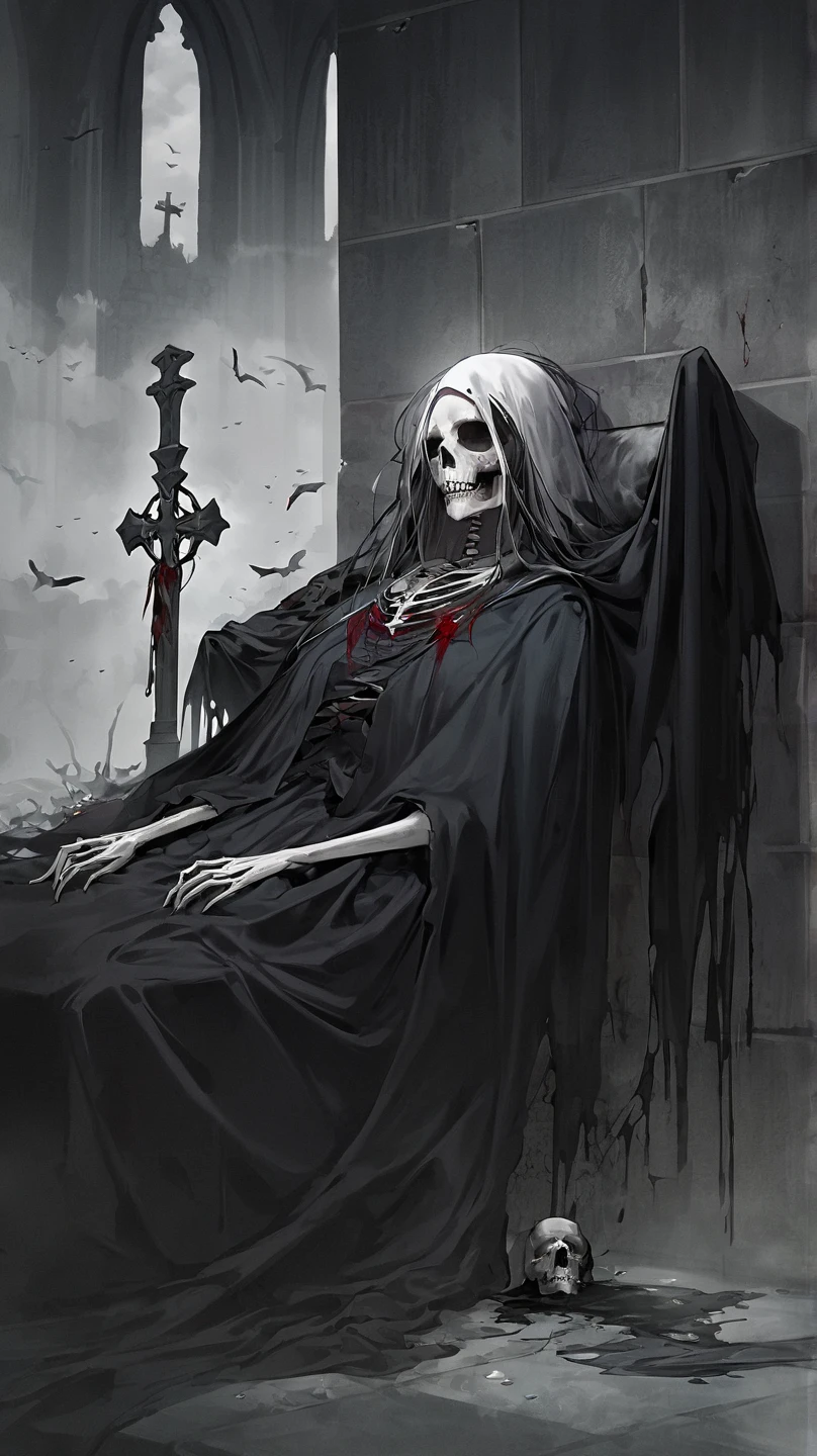 Red blood，Rivers of blood flow，femele，the hair，necromancer sitting at table, tarot card goddess of death, skelleton, skeleton corpse, death tarot, Skeleton King, a skeleton smoking a cigar, saint skeleton queen, skullgirls, chained skeleton, Skeleton, death dreaming about death, they sit next to a pile of bones，