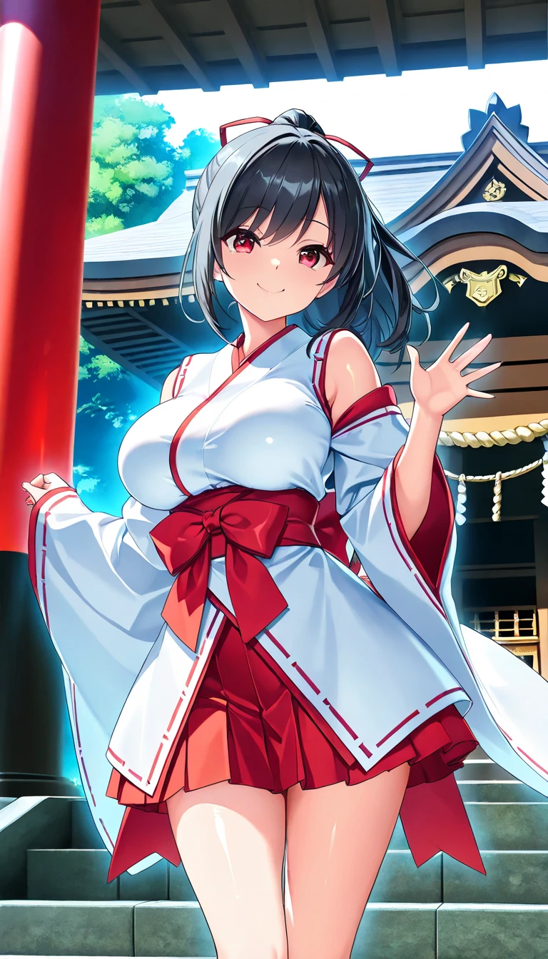 masterpiece,best quality,dynamic angle,middle shot,best shadow,1girl,solo,wife,summer,sunflare,best shadow,glow white particles,MIKO CLOTHES,arm up,smile,in temple,trees,grass,black hair,folded ponytail,stairs,SIDE BREASTS,HAKAMA SKIRT<lora:mikoClothes_v20:0.3>,