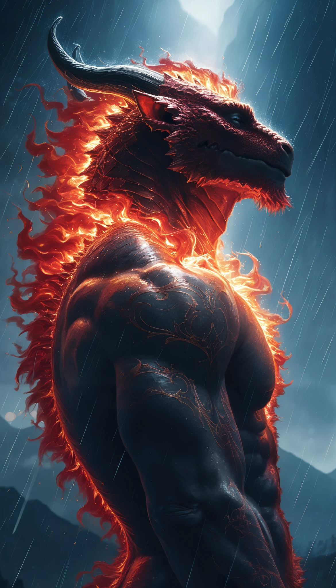 Portrait of a sad man in the rain ,Top of a mountain,muscular ,meditating, tattoo of a red dragon on his back,raining under the starry sky , Contrast of light and shadow , ( high quality, 4k, ultra detailed , realistic, bright colors , bokeh), ( dark atmosphere), good heavens, be abominable, deep darkness , highly detailed , game of light and shadow , Particles ,fiery mane,hiper realistic,