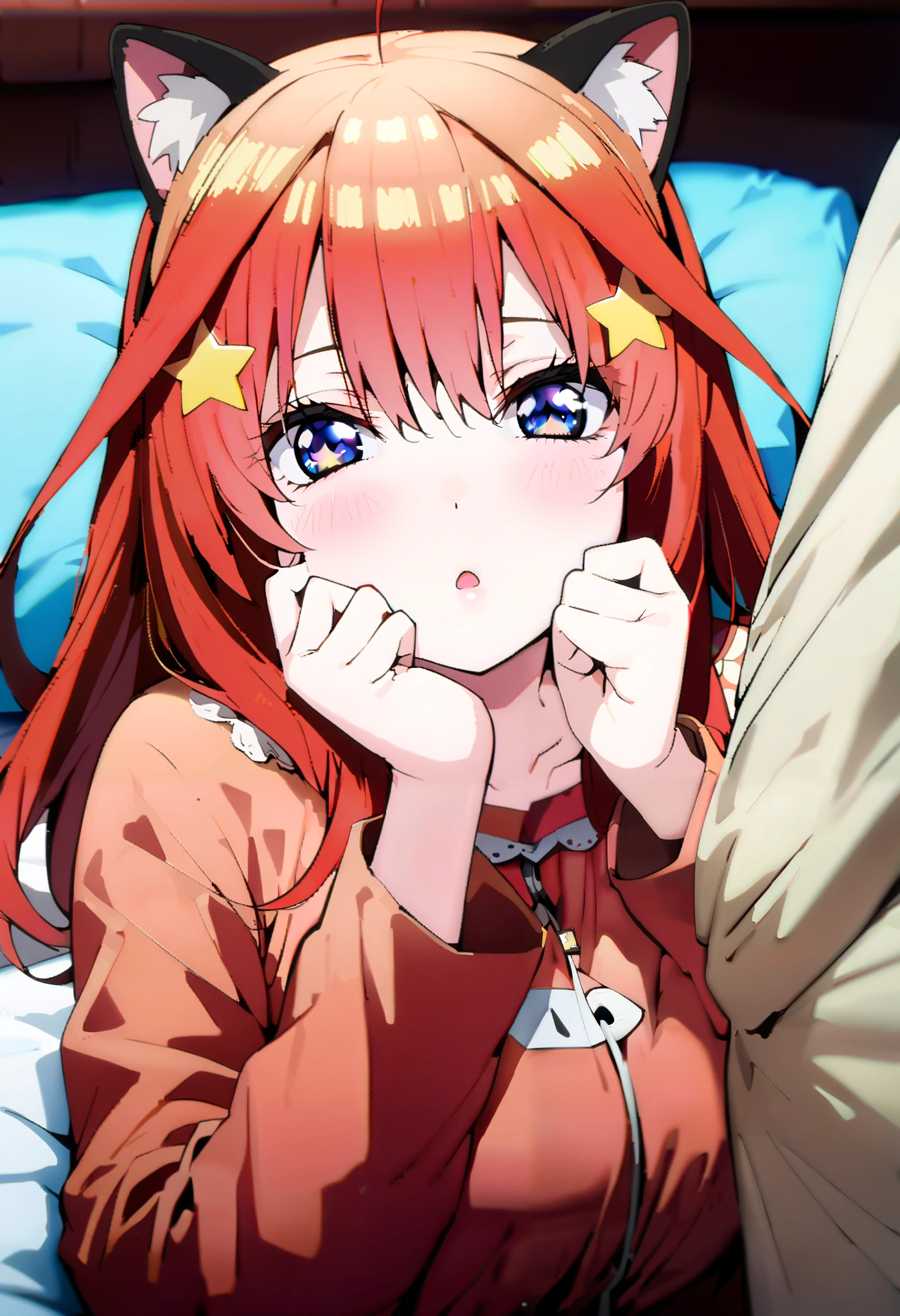 Nakano Mizuki , stupid hair, long hair, blue eyes,Sleepy eyes, hair ornament, Red Hair, hair bang, star ( symbol ), star hair ornament,Big Breasts,(Animal Food, cat ears), Fake Animal Ears ,Girl in cat costume, ((cat costume style pajamas)), plush, Red pajamas, bed sheet , Blanket ,pillow, bed during lesbian play,whole bodyがイラストに入るように, break looking at viewer,whole body,
break indoors, bedroom,
break (masterpiece:1.2), best quality , kampala,unity 8k wallpaper,(shape:0.8),( fine, beautiful eyes :1.6),It's a person ,whole body写真,CG Details , (perfect hand, complete anatomy),