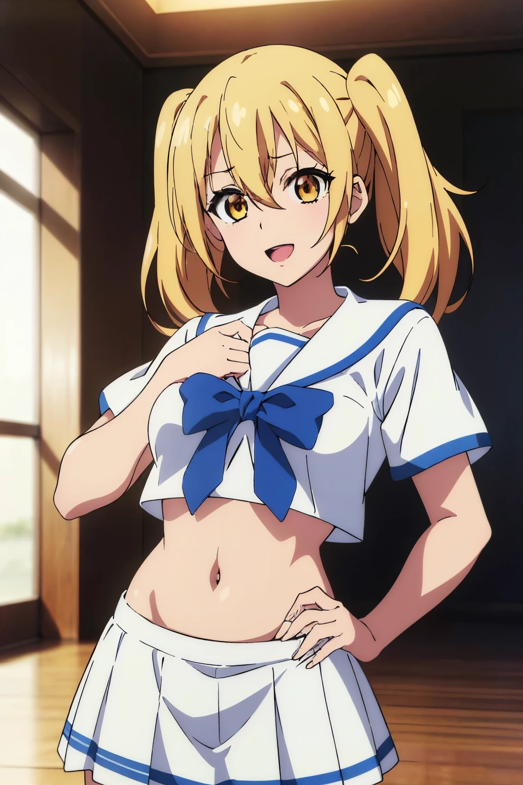 (highest quality, 8k, High resolution, masterpiece:1.2), Anime art style, Hyper Detail, Hair between the eyes, Medium Hair, 1 girl, Perfect Face, eye_Light_big,Small medium breast, Blonde girl, twintails, white skirt, white sailor shirt, midriff, navel, smile, hands on face, open mouth, belly button