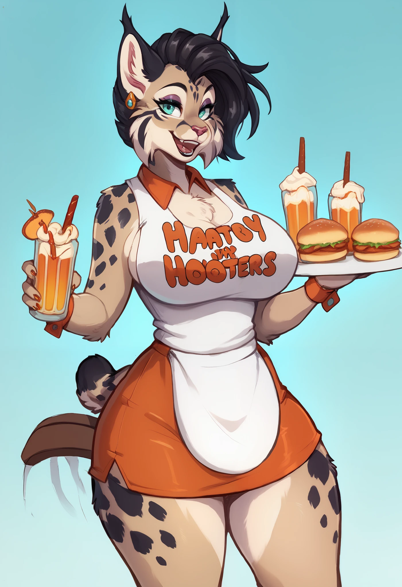 hairy mouse mom , McDonald's crew , round face , (tilt face:1.1) , (half-open wink:1.2) , moist round eyes , Swollen cheeks , dark color hair , Maternal smile , glossy lips , (McDonald's uniform , tight-fit slacks pants) , (Faded bodypainting:1.3) , erect nipple , in the McDonald's inside couter , Carried a hamburge , McDonald's logo cap , walking move