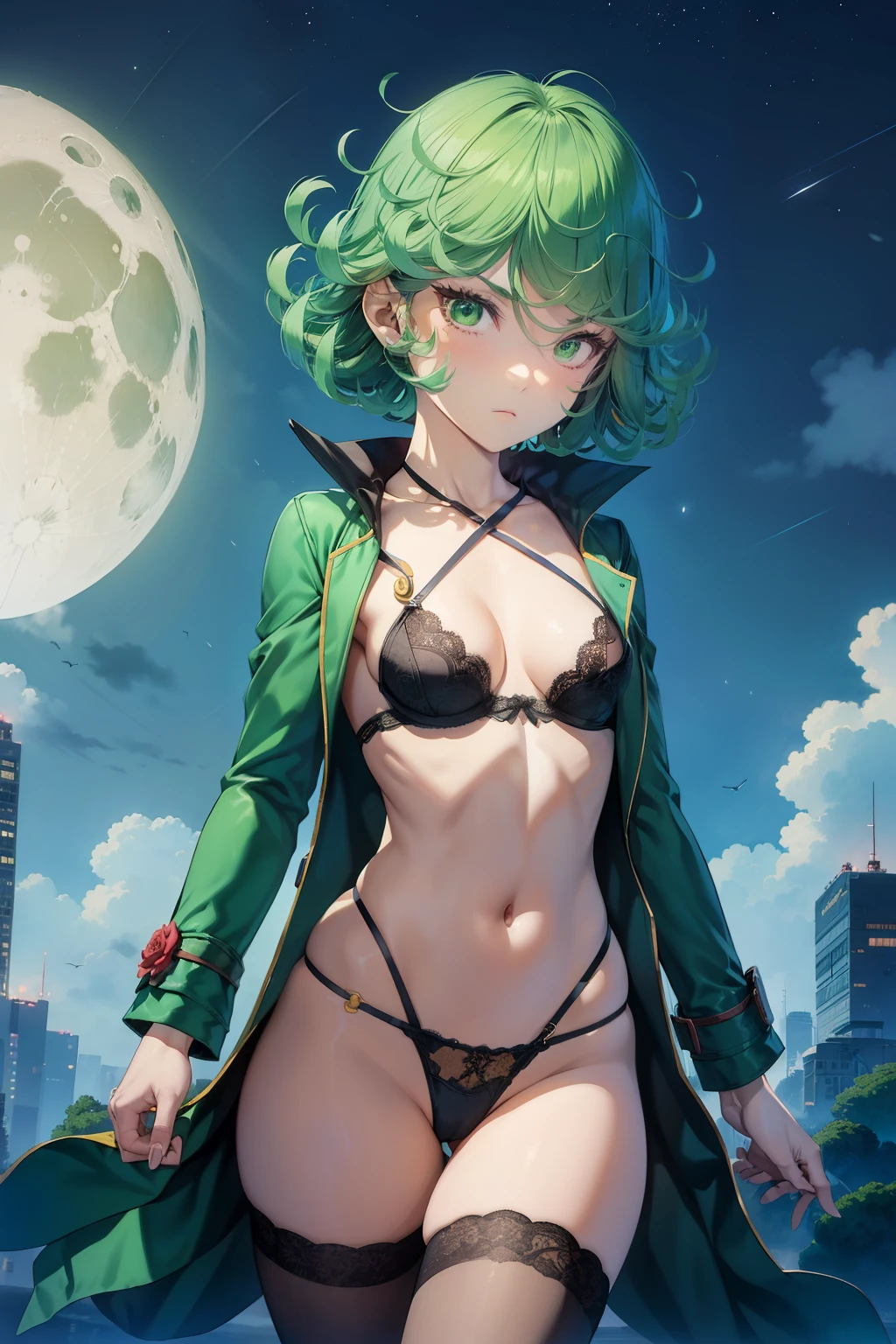 Tatsumaki ,1girl , anime , masterpiece , green color hair, jaqueta aberta open clothes ,flat chest , bra, pantie , long socks, angry agressive ,sexy . Background moon . Standing