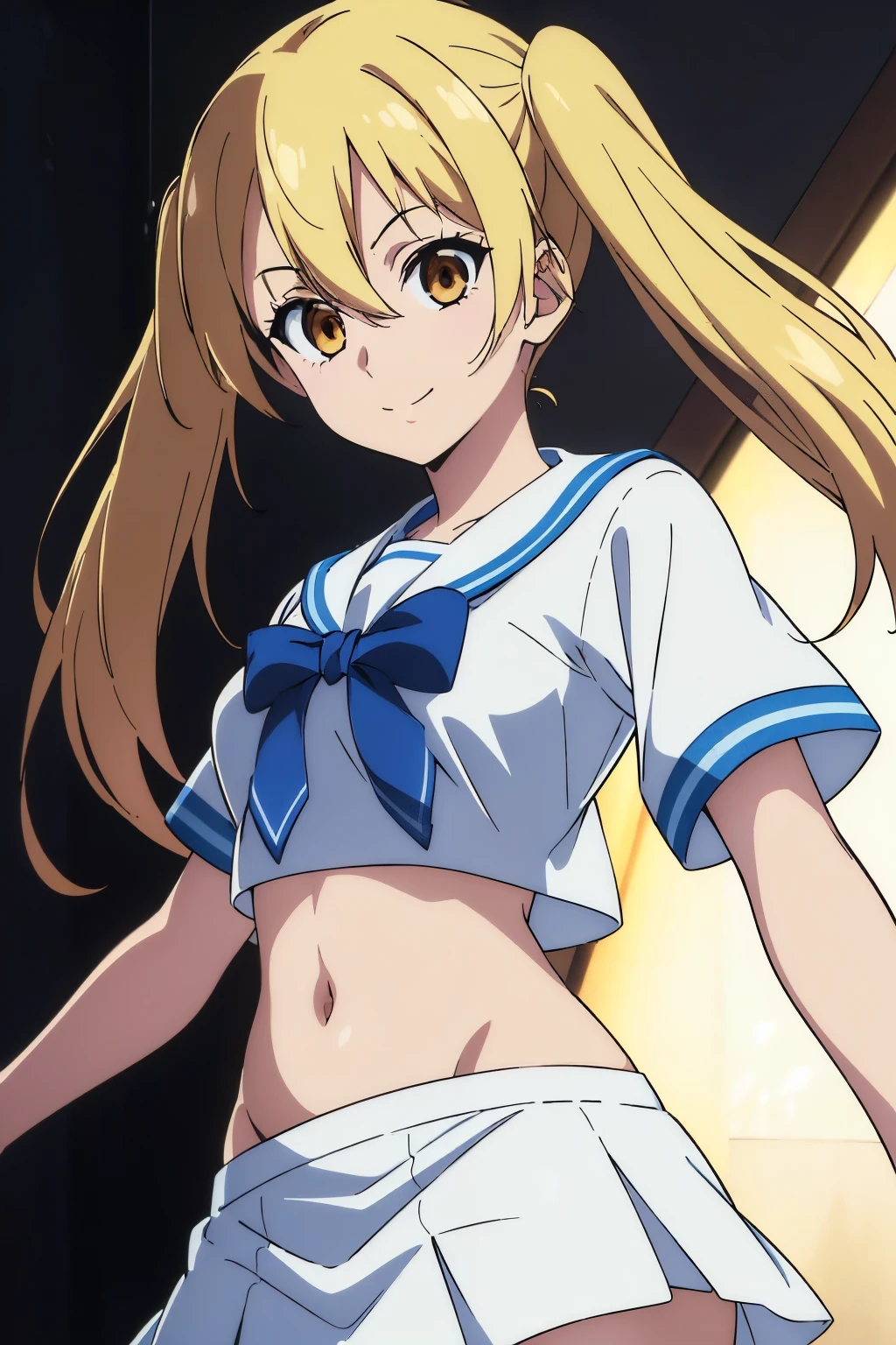 (highest quality, 8k, High resolution, masterpiece:1.2), Anime art style, Hyper Detail, Hair between the eyes, Medium Hair, 1 girl, Perfect Face, eye_Light_big,Small medium breast, Blonde girl, twintails, white skirt, white sailor shirt, midriff, navel, belly button, smile, outdokrs, curtsy