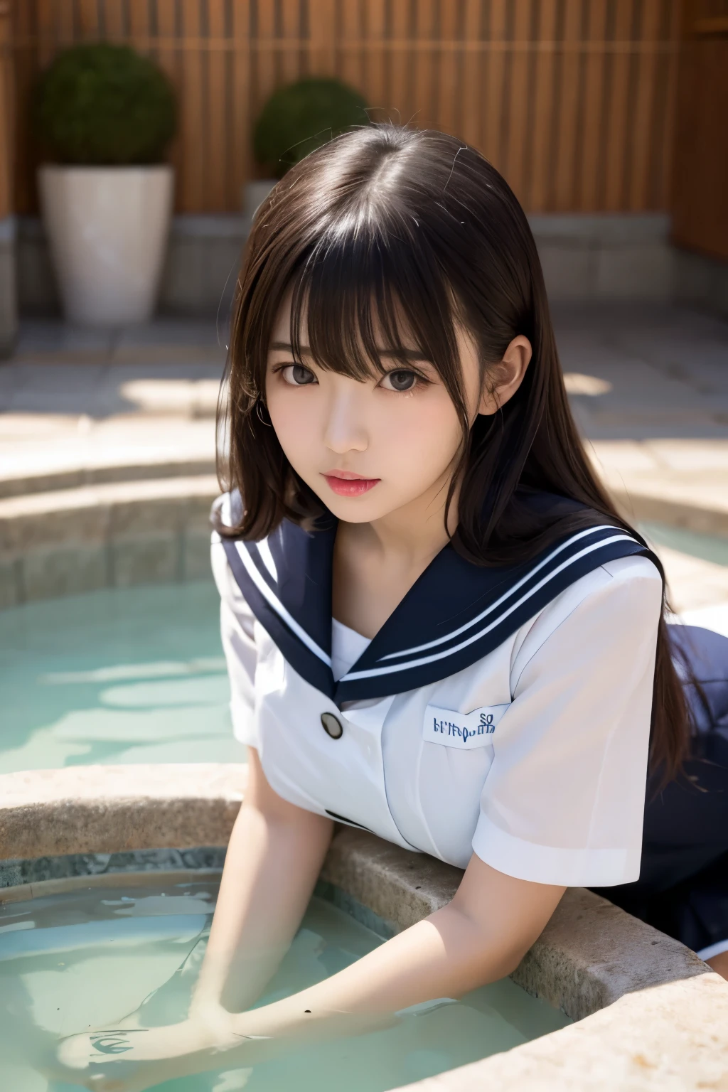 (masterpiece, highest quality:1.2), 8K, official art, RAW photo, incredibly absurd, (whole body, sailor suit:1.4), beautiful girl, 18-year-old、cute face, arch back, navy pleated skirt, close, , short sleeve, gardenia, violaces, pool、sit on a chair、looking at the viewer, film grain, chromatic aberration, sharp focus, face light, dynamic lighting, cinematic lighting, detailed eyes and face, background bokeh, (1 dark red bow tie:1.2)、、one girl、blush、look at the viewer、(huge breasts:1.2)、wet hair、shiny hair、wet face、wet skin、wet body、wet costume、flower、hairpin、necklace、earrings、Depth of bounds written、pointed red mouth、red mouth,clavicle、beautiful fingers、Loosen your tie、cute wet face、Wet clothes that stick to your chest、Wet and see-through clothes、short hairstyle、view from below
