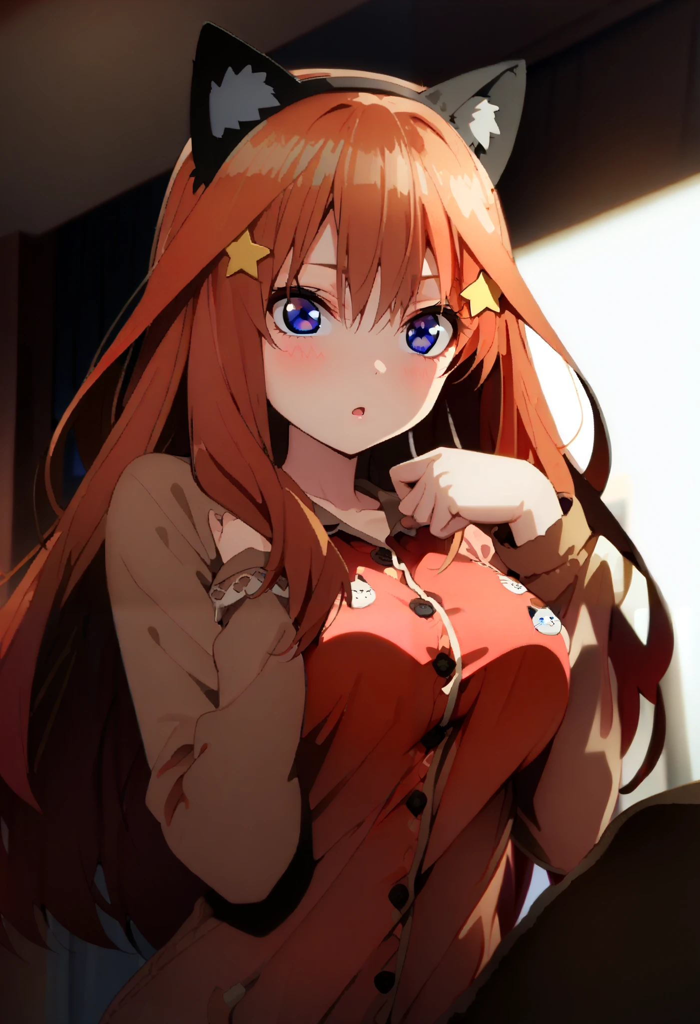 Nakano Mizuki , stupid hair, long hair, blue eyes,Sleepy eyes, hair ornament, Red Hair, hair bang, star ( symbol ), star hair ornament,Big Breasts,(Animal Food, cat ears), Fake Animal Ears ,Girl in cat costume, ((cat costume style pajamas)), plush, Red pajamas,, bed during lesbian play, so that the whole body is illustrated, break indoors, bedroom,
break (masterpiece:1.2), best quality , high resolution, unity 8k wallpaper , (shape:0.8), ( Attention to Beautiful Details:1.6), Highly detailed faces, PERFECT LIGHTING , Highly detailed CG, (perfect hand, perfect anatomy),