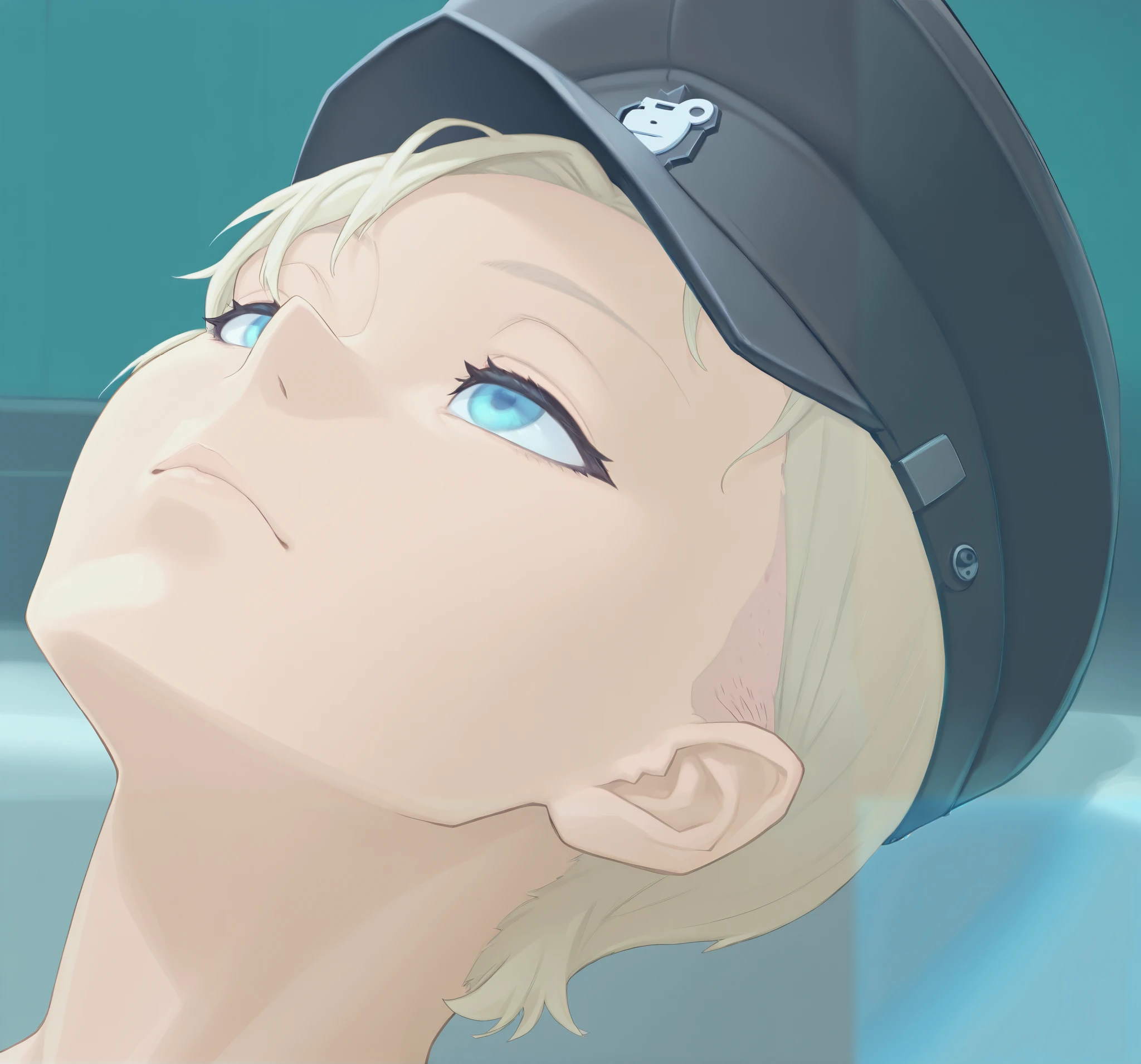 1girl, (testgirl), light blonde short fringe, slightly curly fringe, (shaved head), shaved temples, light blue eyes, beautiful eyes, looking away, black cap, masterpiece, best quality, amazing quality, contrast, full body,( the emotion is dizziness)