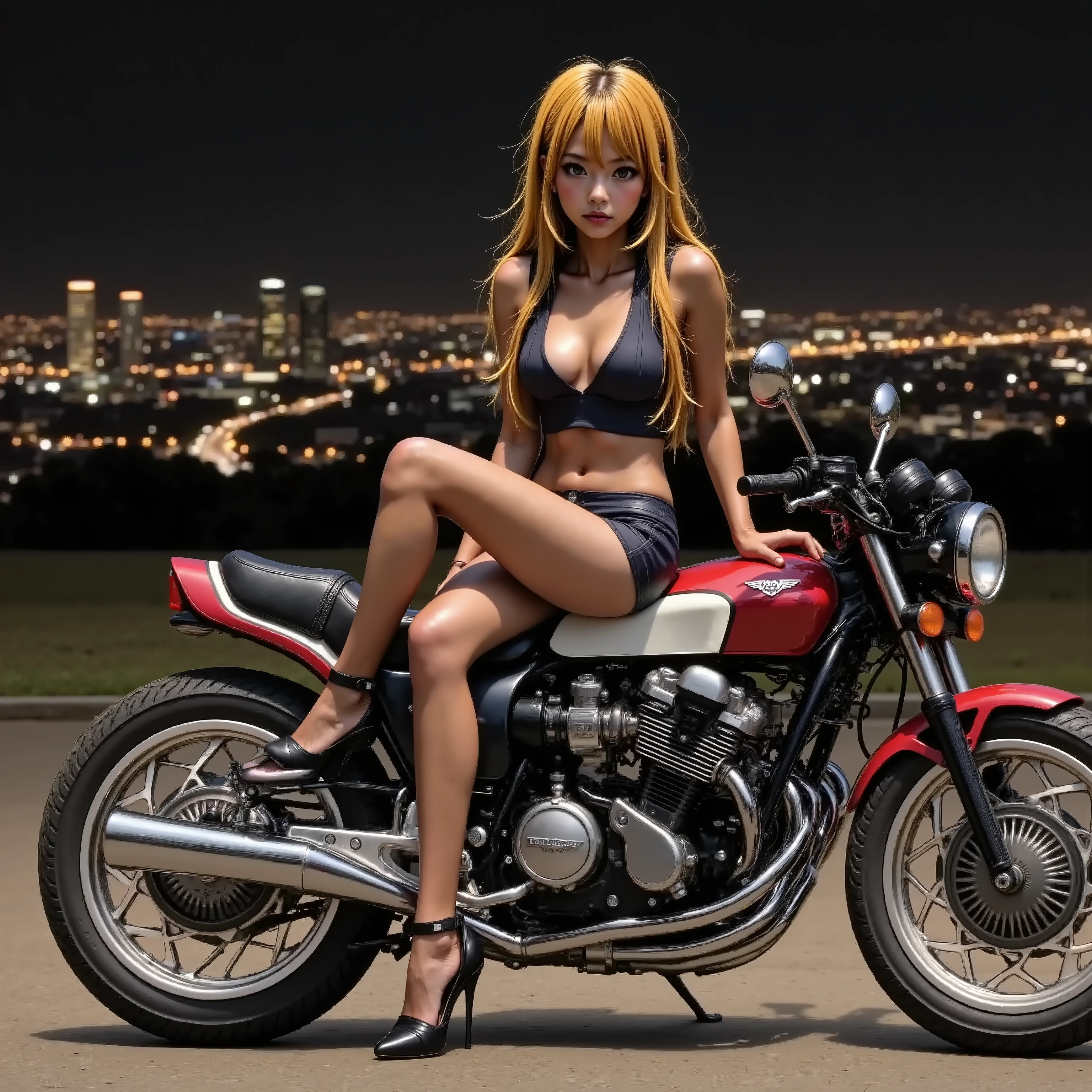 tuned cafe racer motorcycle, 1983One girl riding a Honda CBX400F , matte brown skin , small breasts, video, yellow hair, invitation, Top Quality , textured skin, thin legs 、 high heels、 movie light effect, Summit、 Big City Night View