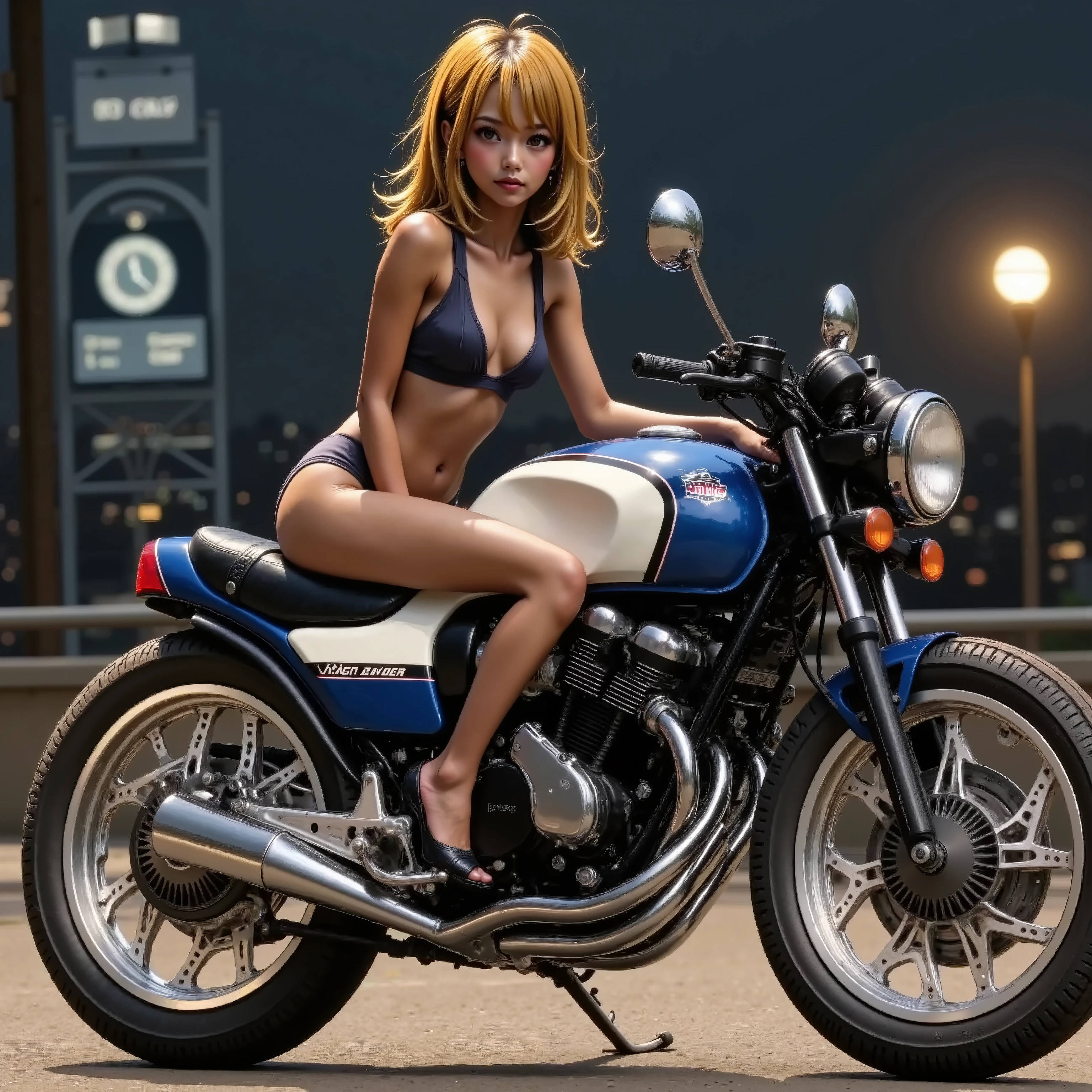 tuned cafe racer motorcycle, 1983One girl riding a Honda CBX400F , matte brown skin , small breasts, video, yellow hair, invitation, Top Quality , textured skin, thin legs 、 high heels、 movie light effect, Summit、 Big City Night View