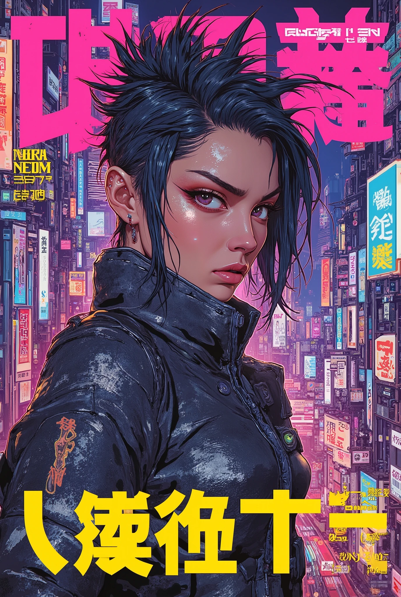 ((manga magazine cover shot) of (perfect Asian cyberpunk girl) in cyberpunk city))), ((graphic design ((Japanese text banner headline)))), (((dynamic pose))), ((LED lights)), (((extremely weird punk hairstyle))), ((manga drawing)), warm colours, ((cinematic lighting)), barcode, 