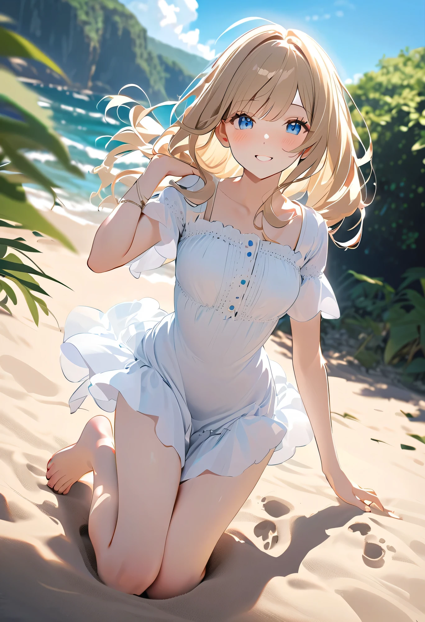 masterpiece, best quality, highly detailed, ultra high res, ayase arisa, 1girl, solo, perfect body, blue eyes, hair ornament, blonde hair, long hair, blush, glossy lips, ballerina, sleeveless leotard, (tutu), medium breasts, (mostly submerged), cleavage, (quicksand:1.4)
