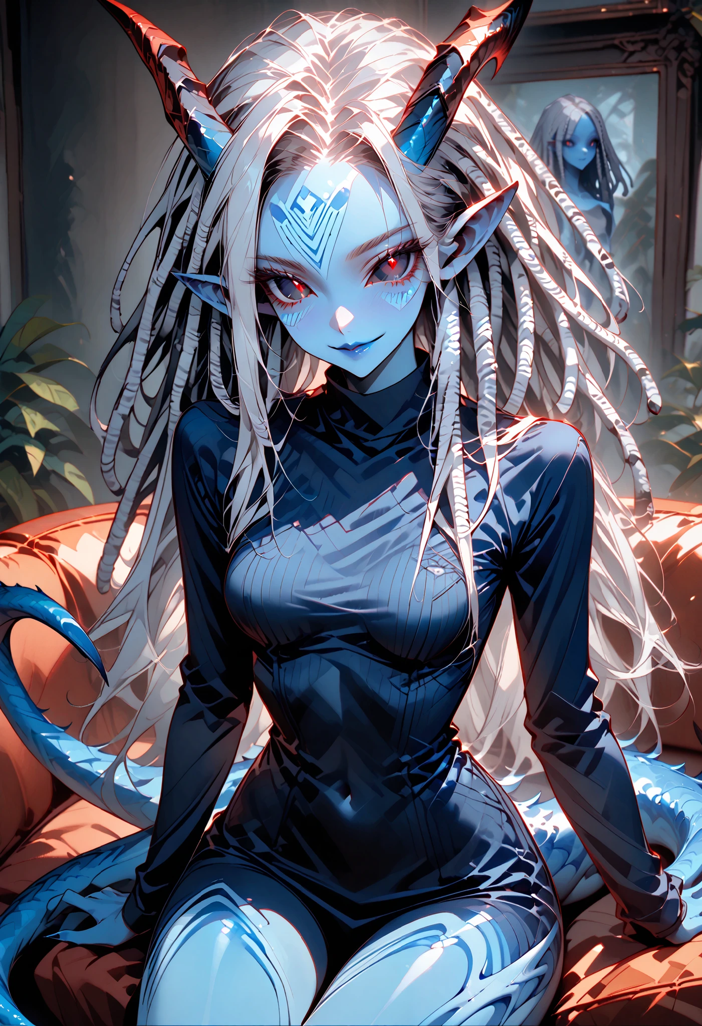 solo, female, close up, alien, blue skin, dark skin, silver hair, silver hair, long hair, casual clothes, smile, flat face, curvaceous, slim, sinuous body, blue lips, very tall, broad shoulders, medium breasts, cowboy shot, living room, sitting, Blue skin, Black sclera, Dreadlocks, Pointy ears, Horns, Tail, Female alien, Monster girl