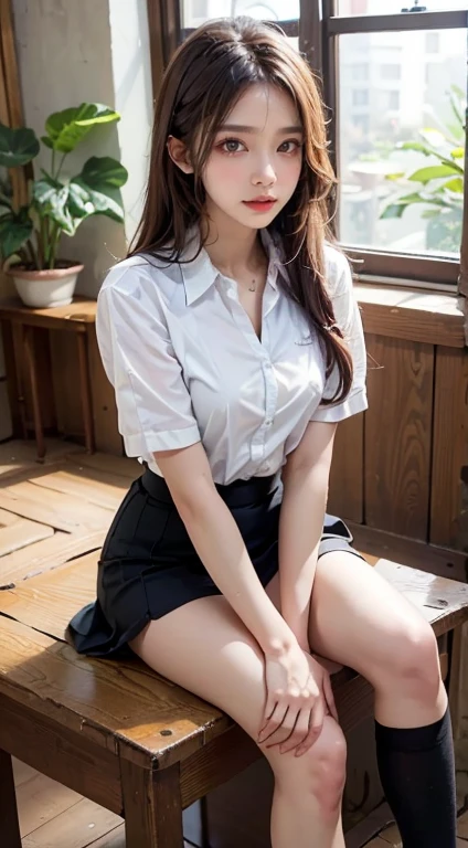 (best qualtiy,4K,tmasterpiece:1.2),Pretty women,1girll,Raised sexy:1.1,Dark yellow hair:1.1,Woman in school uniform,Soaked school clothes,Super detailed face,Detailed lips,A detailed eye,二重まぶた,Miniskirt white stockings,Stand up