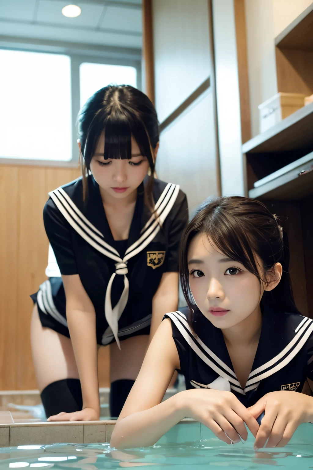 nsfw,(Tabletop:1.2, Highest quality:1.2), 32k HDR, High resolution, ((Two contrasting women)),((Two women in love)),((Two women hugging each other)),Japanese women,(Tattoo),Goth Punk Haircut, Flat bangs, Black lipstick, Medium chest, Earrings,Crouching posture,両足を開いてsquat,Show off your crotch,Both arms are chained,Handcuffs,Showing nipples,One is blonde,Dimly lit room,squat,Embarrassed, moist eyes,Sad expression,Looking into the camera,Very beautiful eyes, Flat Chest,Tragic,A fleeting expression,((Both have)),((The penis is growing)),((ejaculation)),((Rubbing the penis)),((Straight erect penis)),((全身にTattoo)),(Deep Kiss),(Constraints),(rope),(Bondage),(ropeで縛られている),(Tortoiseshell binding),commit,suck,lick,(Hanging),((Sailor suit)),classroom,((School)),(uniform),(((Sailor suitの女生徒たち))),