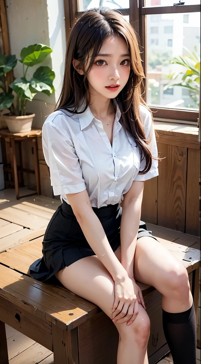 From the front: white shirt, gray pleated skirt, white socks, loafer shoes, medium brown hair, blue eyes, sitting on knees, river bank