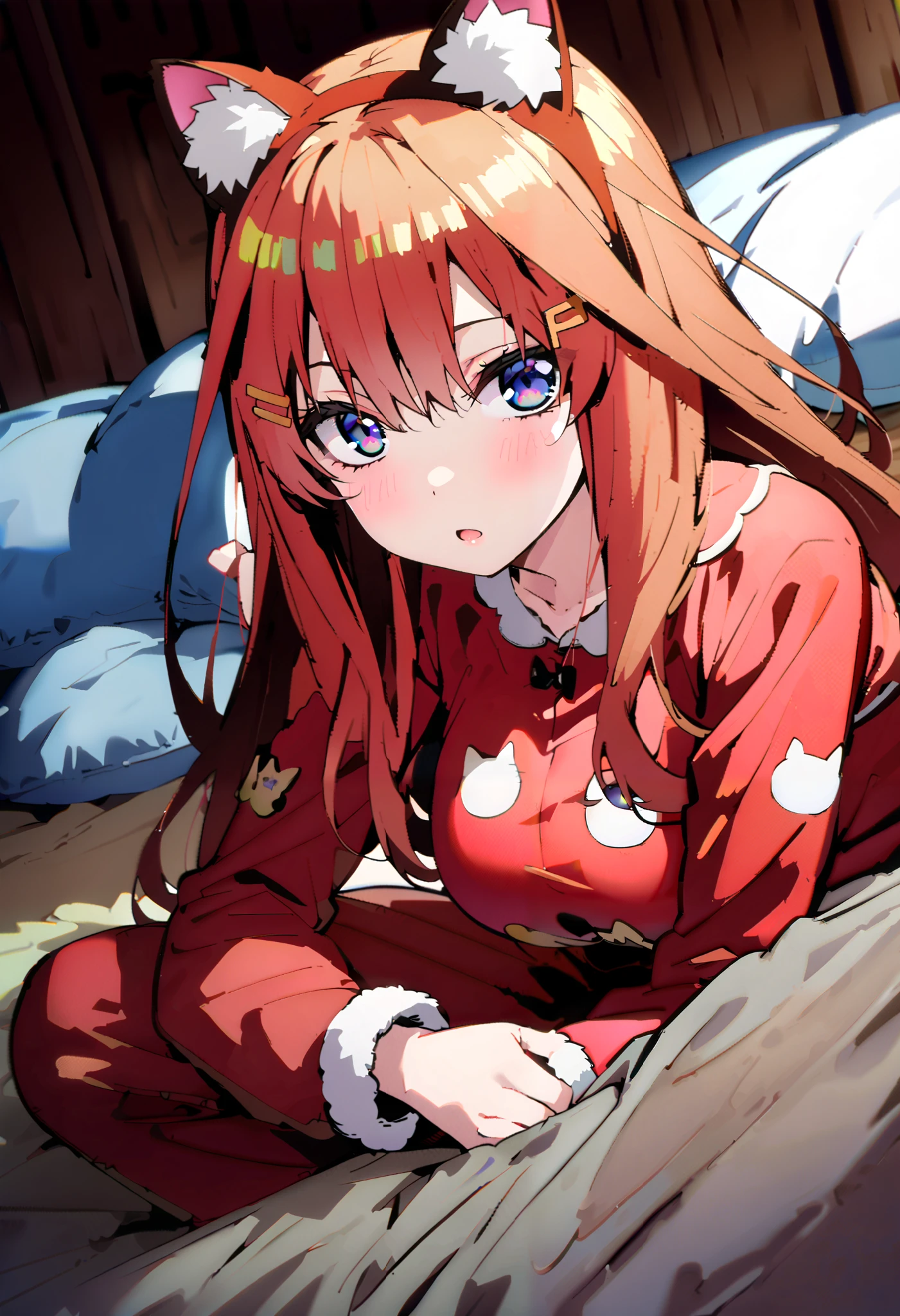 Nakano Mizuki , stupid hair, long hair, blue eyes,Sleepy eyes,   hair ornament, Red Hair,Big Breasts,(Animal Food, cat ears),  Fake Animal Ears ,Girl in cat costume, ((cat costume style pajamas)), plush, Red pajamas,red pajama long pants, barefoot, bed sheet , Blanket ,pillow, bed during lesbian play,whole bodyがイラストに入るように,                                                 break looking at viewer,whole body,
break indoors, bedroom,
break (masterpiece:1.2), best quality  , kampala,unity 8k wallpaper,(shape:0.8),(  fine, beautiful eyes  :1.6),It's a person ,whole body写真,CG Details , (perfect hand, complete anatomy),