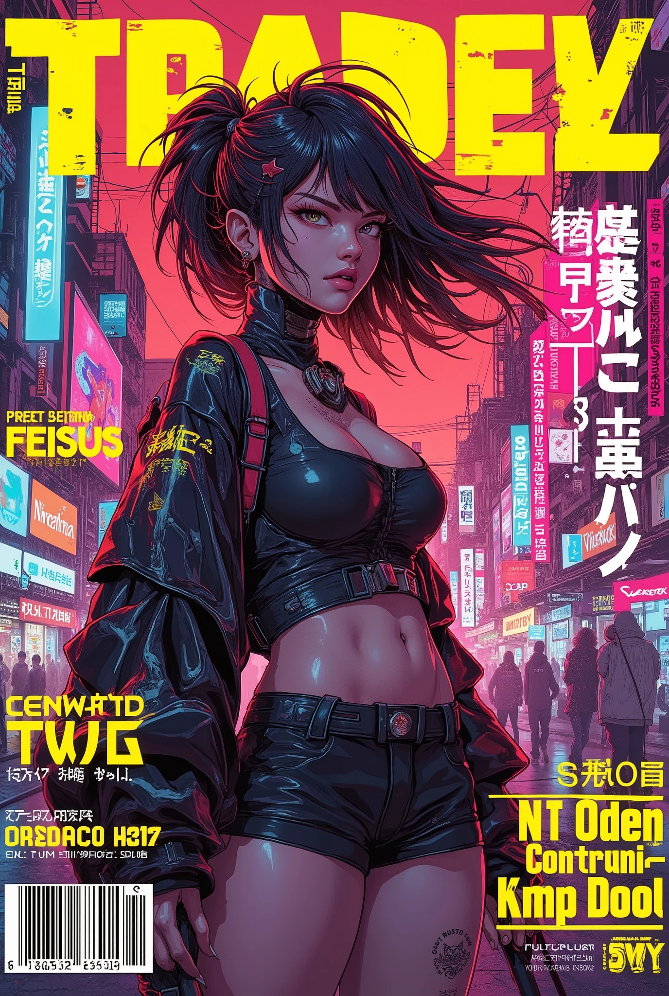 ((manga magazine cover shot) of (perfect Asian cyberpunk girl) in cyberpunk city))), ((graphic design ((Japanese text banner headline)))), (((dynamic pose))), ((LED lights)), (((extremely weird punk hairstyle))), ((manga drawing)), warm colours, ((cinematic lighting)), barcode, (NSFW)