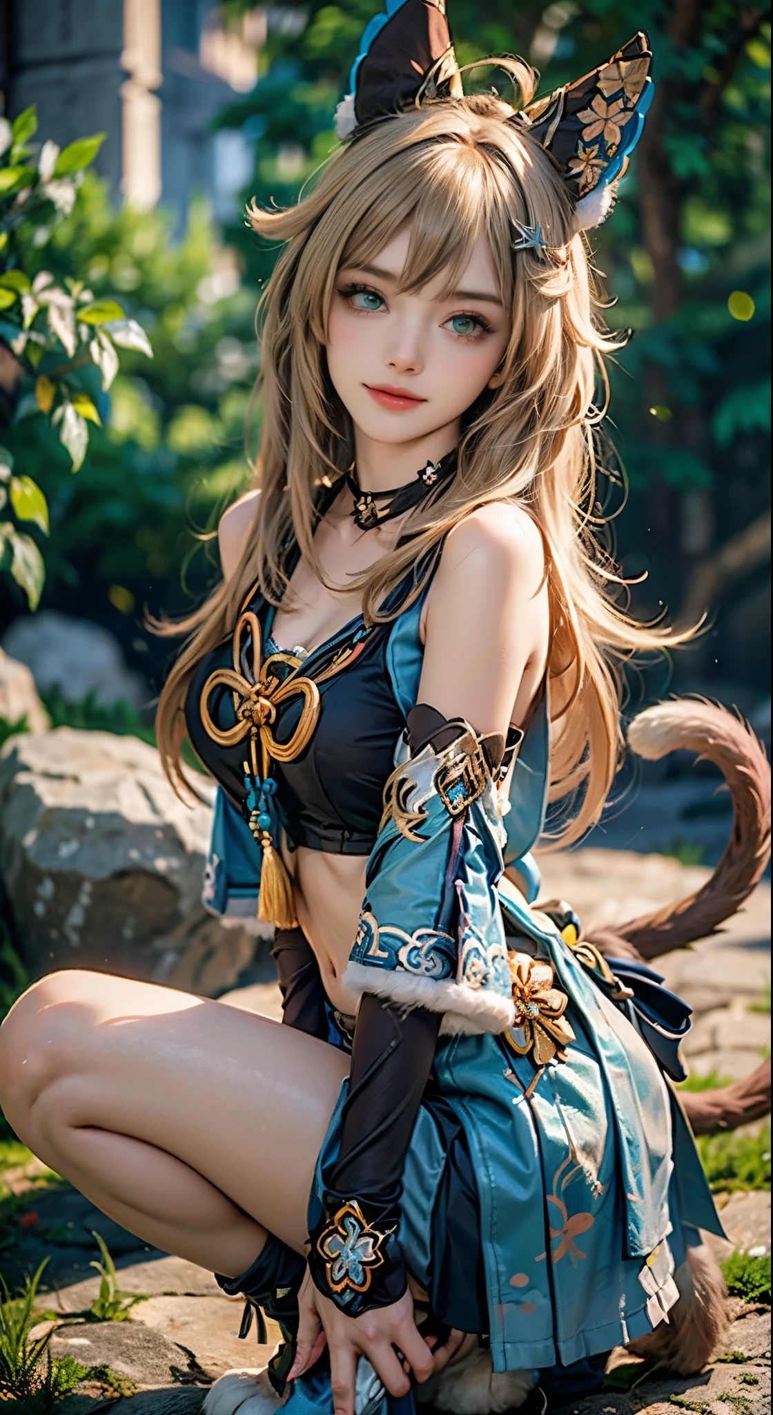 Landscape of a very beautiful 1girl, (((face exposed)))!!!, (cowboy shot), (((front focus))), (((background Blurry))), Bokeh, lens flare, photography with Fujifilm XT3, depth of field, film grain, female focus, BREAK kirara_genshin, beautiful face, sweet girl, hair ornament, cat ears, blonde long hair, green eyes, detached sleeves, kirara's upshirt, stomach cutout, kirara's short skirt, two cat tails, bare legs,(black leg warmers), ((white fur-trimmed cat feet shoe covers)), ((bare shoulders)), actual, fashion girl, red lips, (((mature women))), cosmetics, big eyes, beautiful eyes, ((whole body)), (best quality, masterpiece:1.2), Super detailed, (actual:1.37), ((Sexy long legs)), beautiful, young and energetic, Charming model with, big breasts, cleavage, (delicate eyes, Detailed lips, extremely delicate eyes), show a bright smile, Create stunning girl images, Warm colors, Extremely high color saturation, official art, Extremely detailed CG unified 8k wallpaper,(high dynamic range :1.4), (cinematic),(pastel colors, dull color, soothing tone :1.3), (natural skin texture, ultra-actual, soft light, sharp),(Very detailed), night, moonlight, ((in the mountains, plant, Leaning against the rocks))